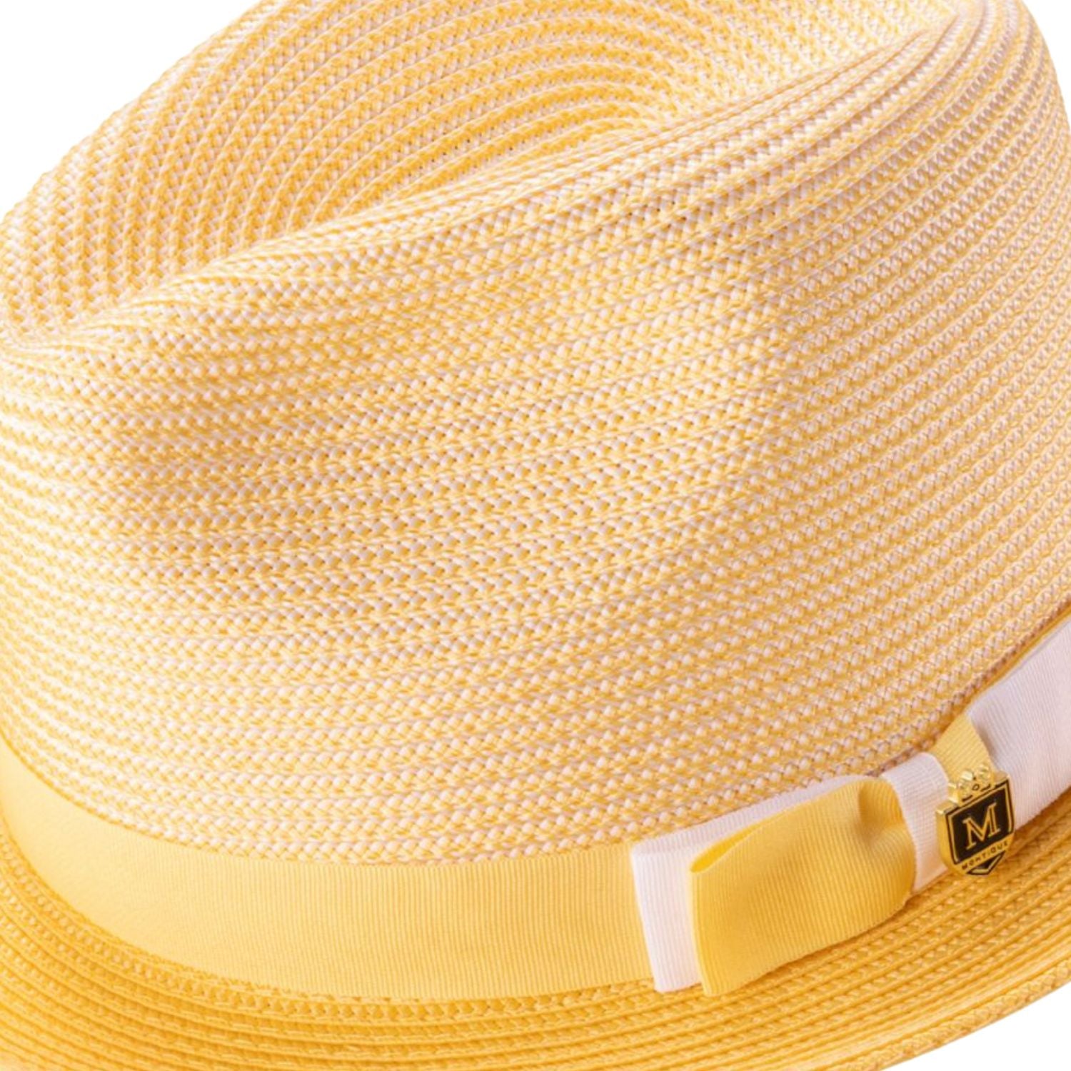 Side view of canary two tone stingy brim fedora hat with ribbon band