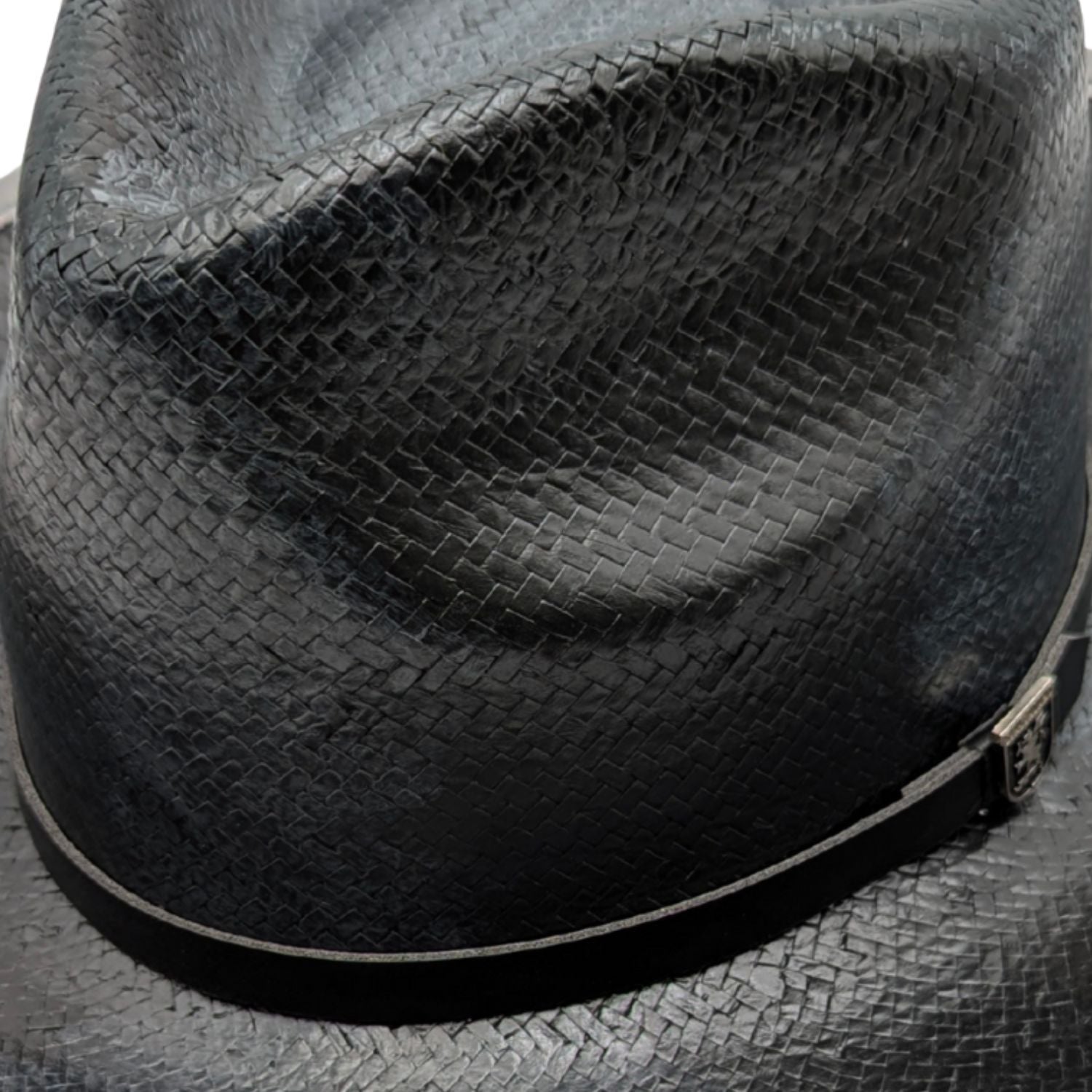 Side view black fedora hat with 3 inch brim and leather band