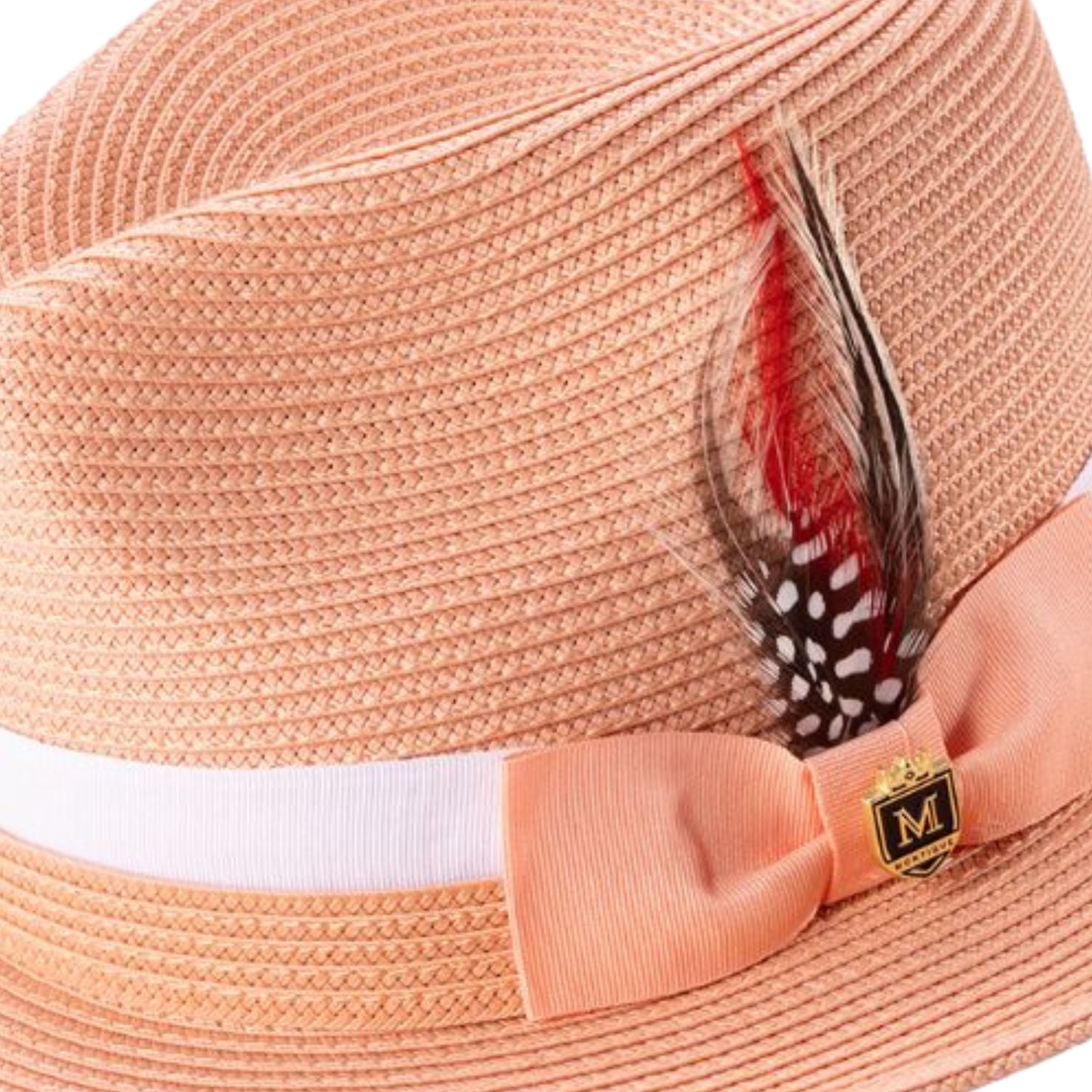 Side view peach fedora hat with feather accent and ribbon band