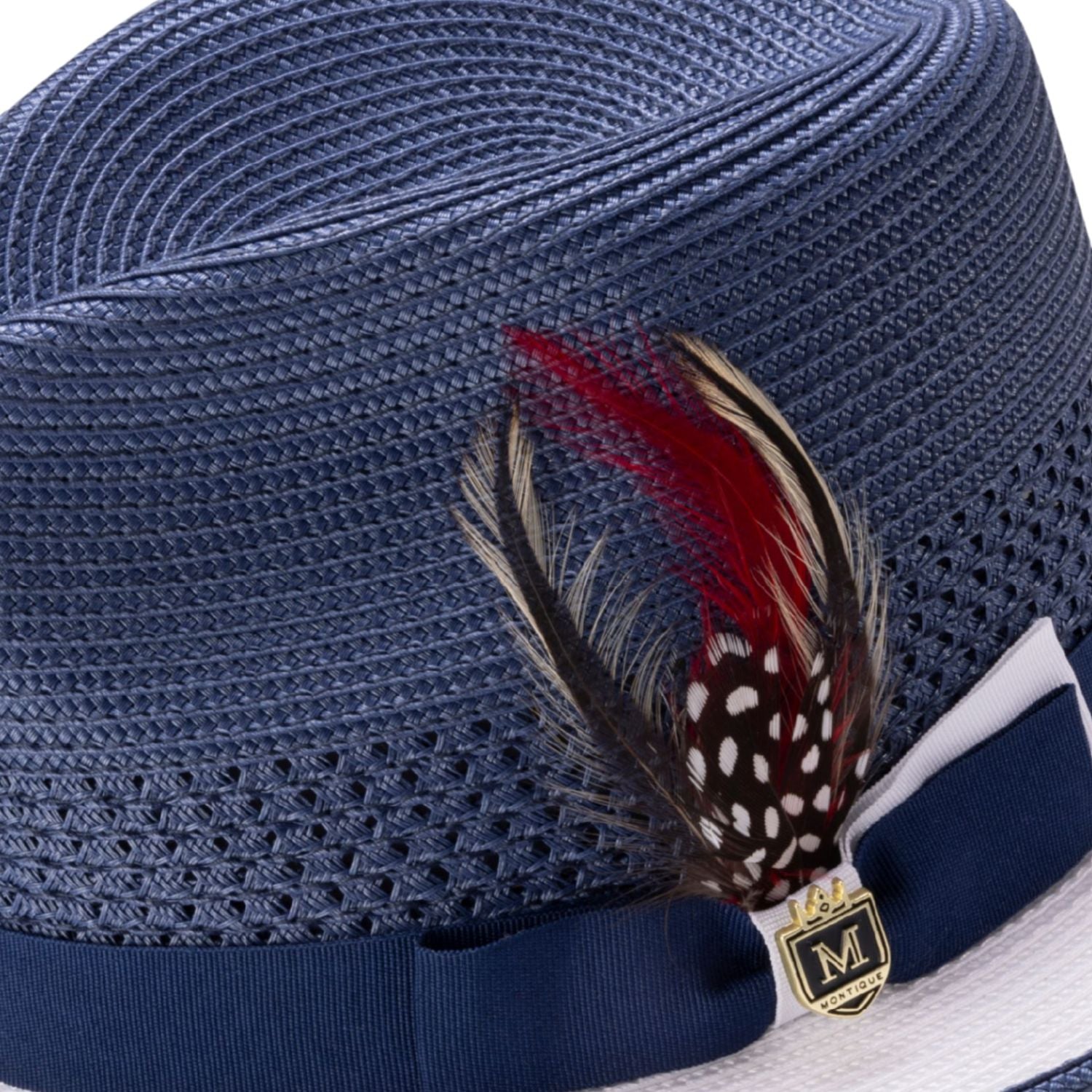 fedora ribbon band feather detail navy and white hat