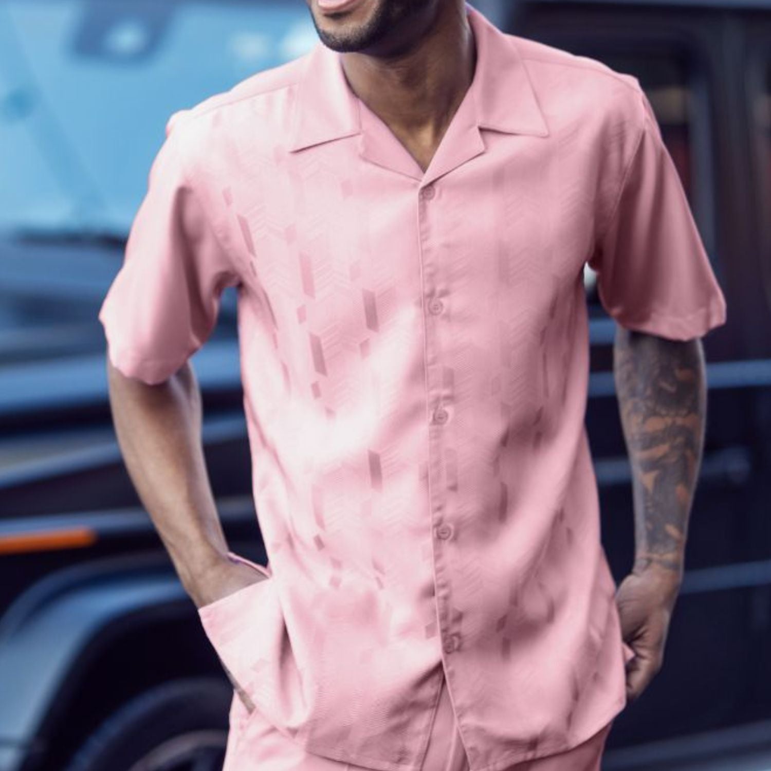 Pink men's walking suit shirt featuring a button-down front and jacquard texture