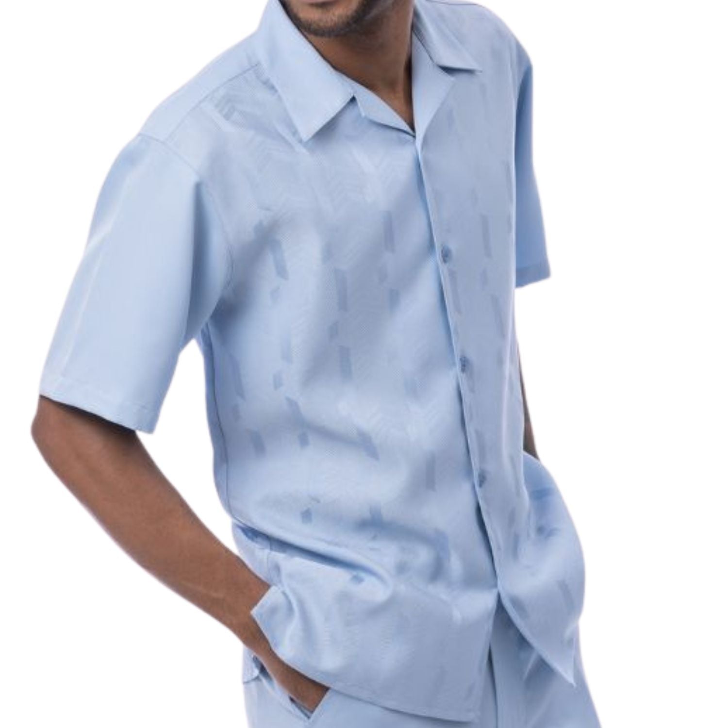 Sky Blue men's walking suit shirt featuring a button-down front and jacquard texture