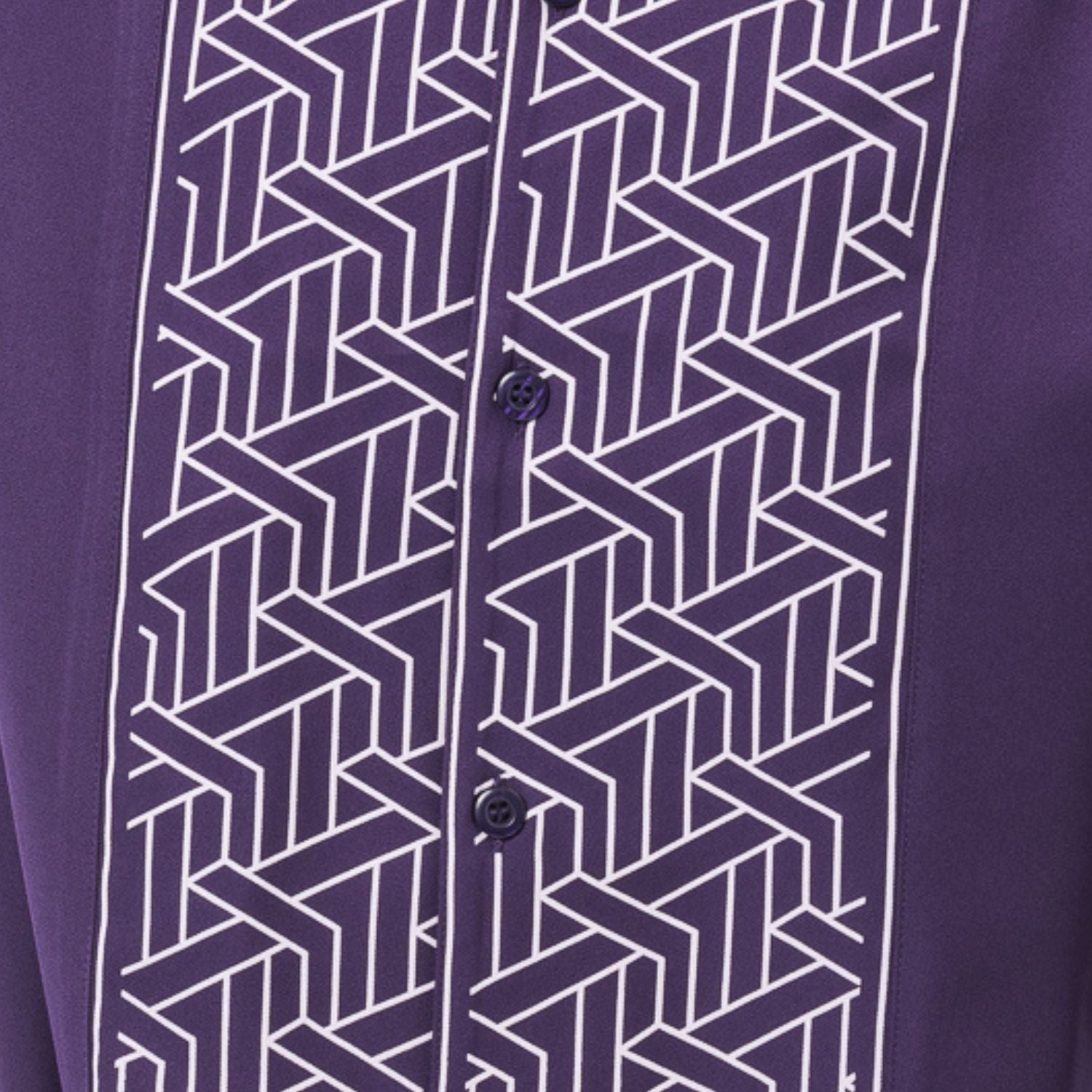 Purple polyester men's walking suit shirt front close-up showing tonal geometric block panel puff detail.
