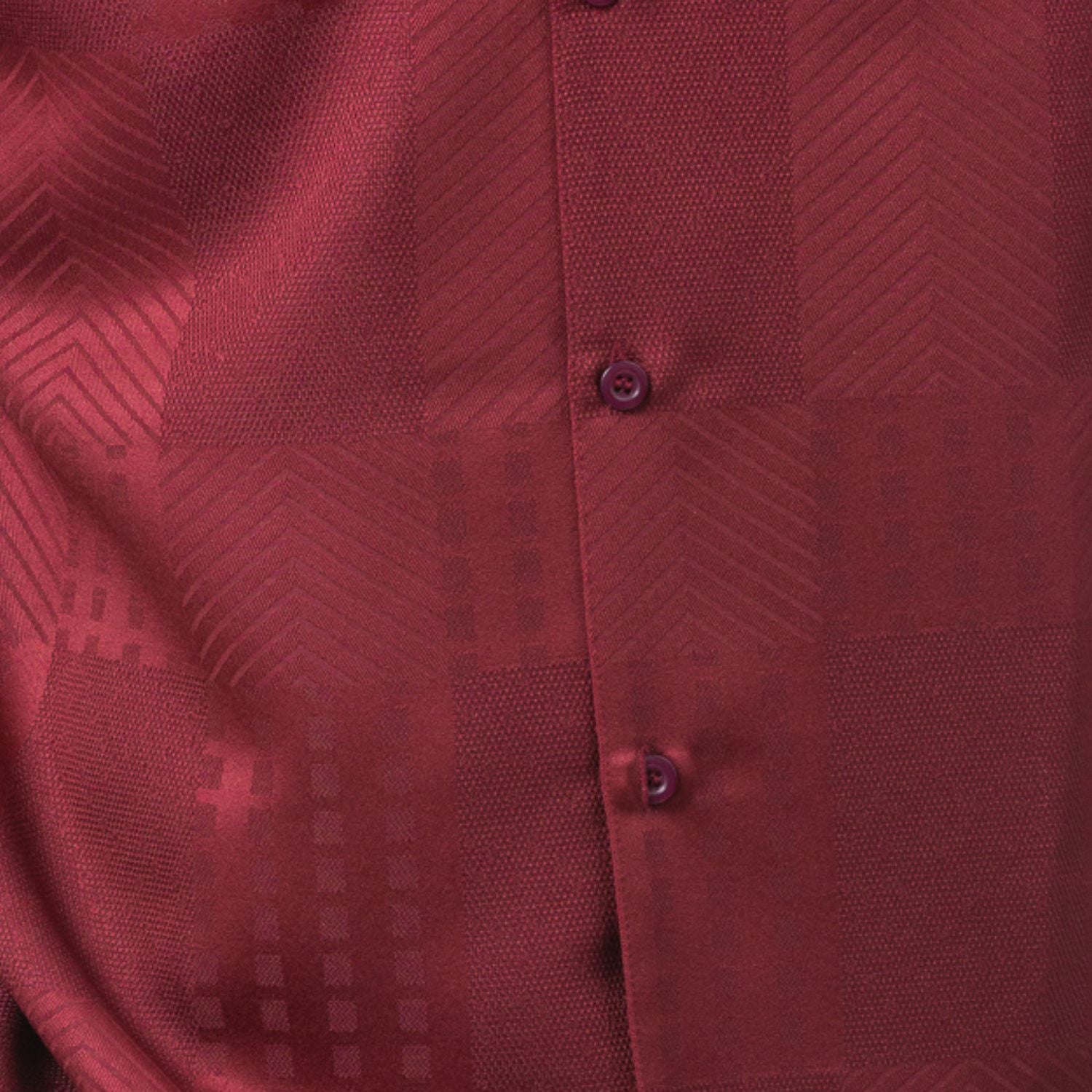 Close-up of Burgundy walking suit shirt showing the detailed tonal jacquard patchwork pattern.