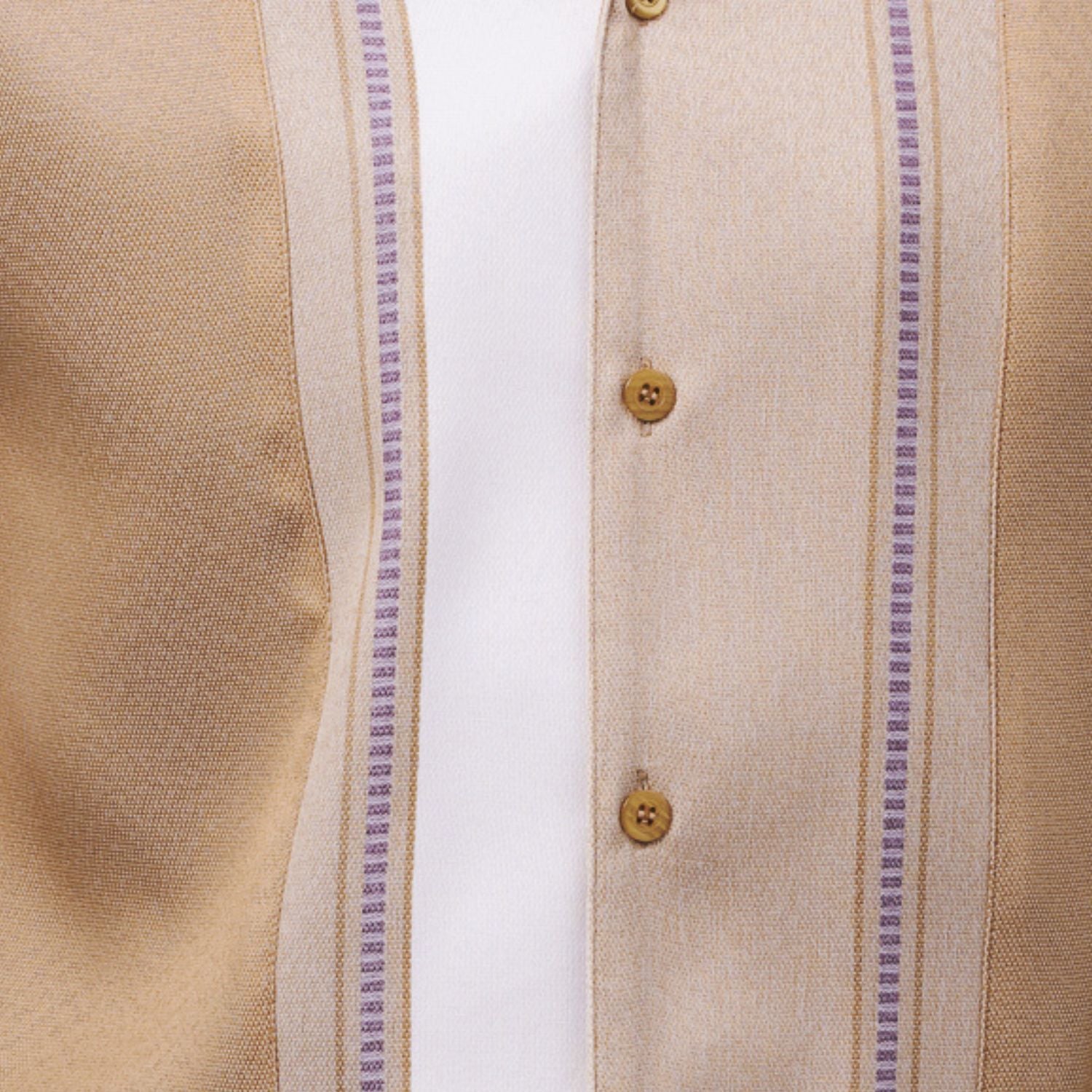Close-up of beige walking suit shirt showing the white woven color-block panel and detailed stitched tracks.
