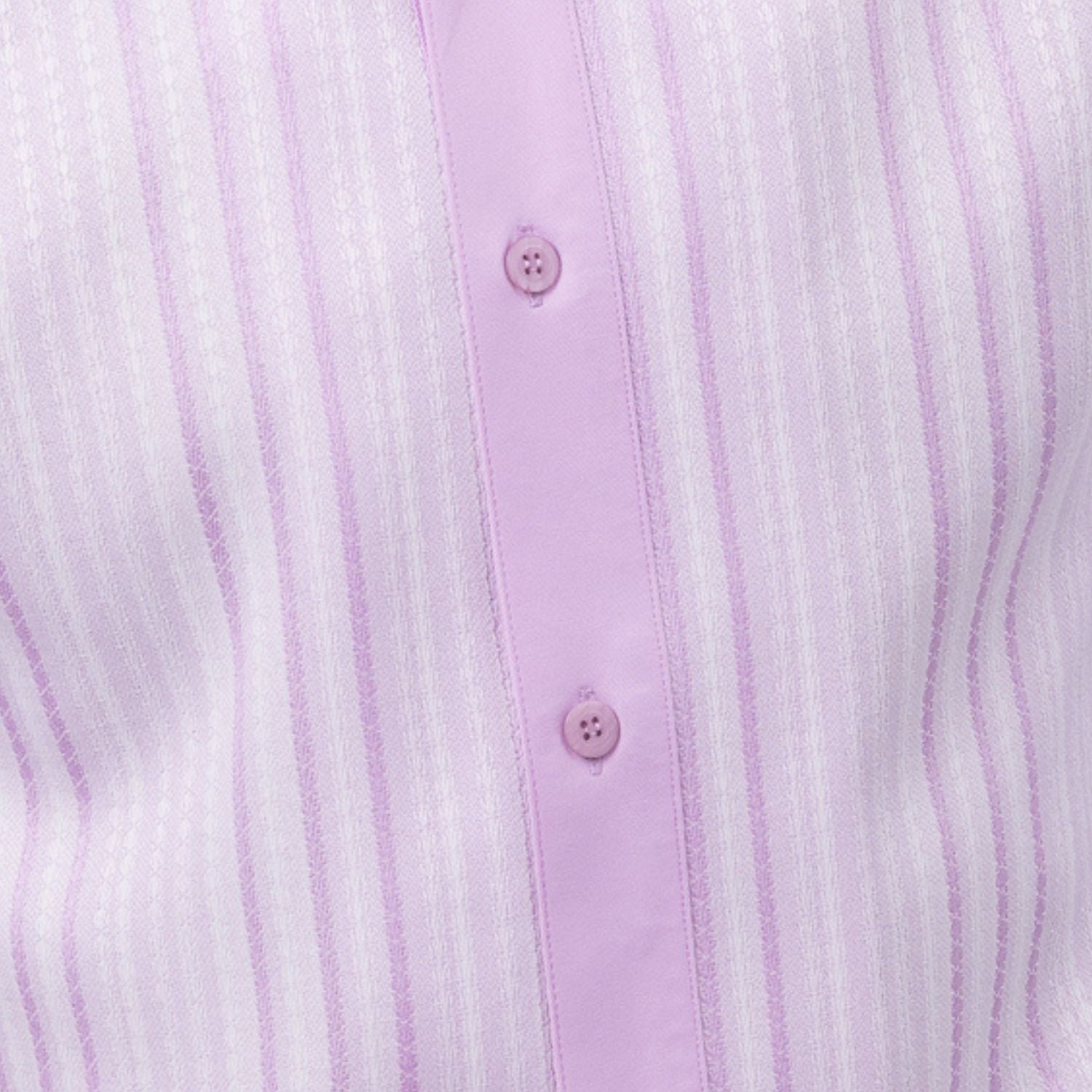 Close-up of lavender and white woven vertical stripe panel detail on a men's short sleeve walking suit shirt.