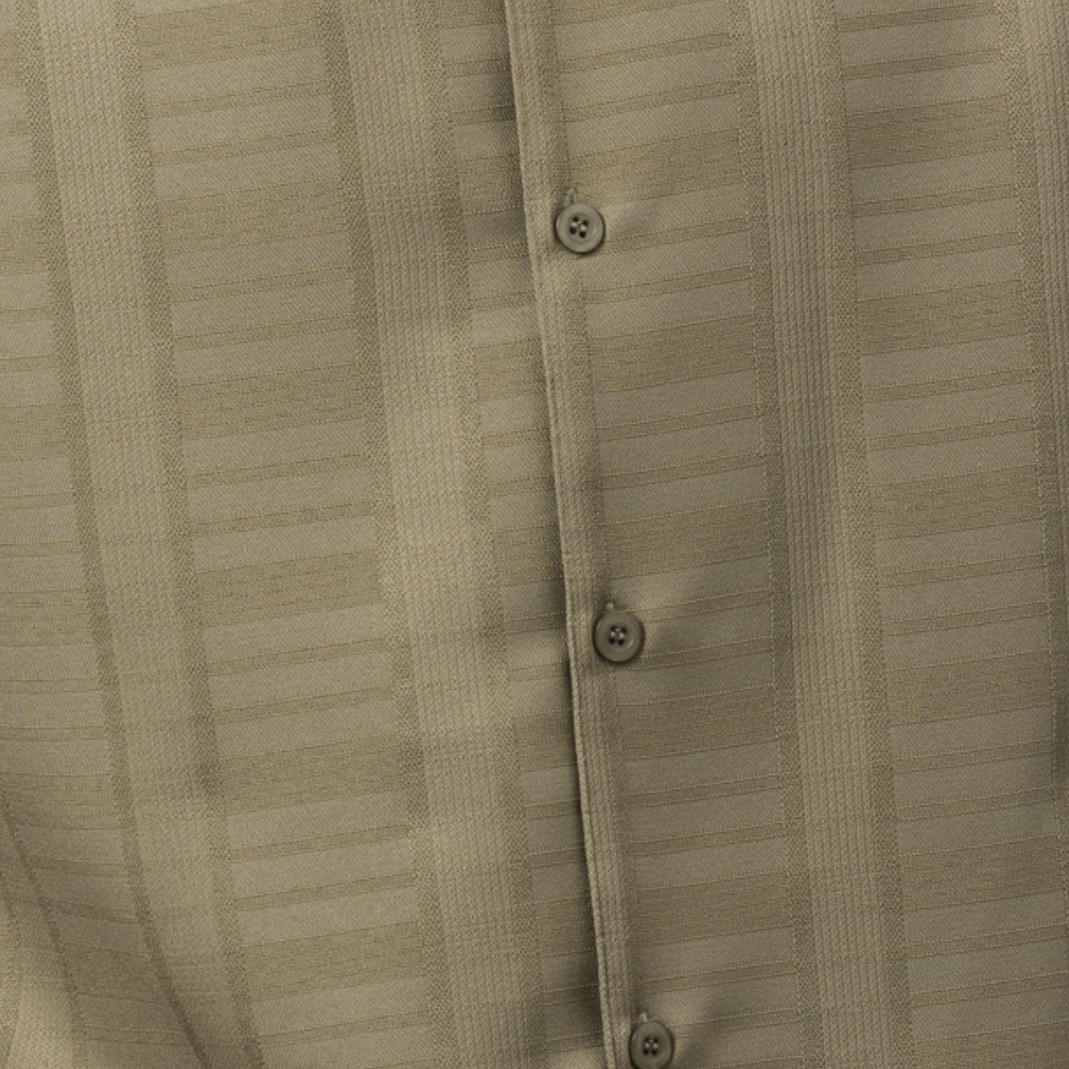 Close-up of olive men's walking suit shirt showing the subtle tone-on-tone textured weave pattern.