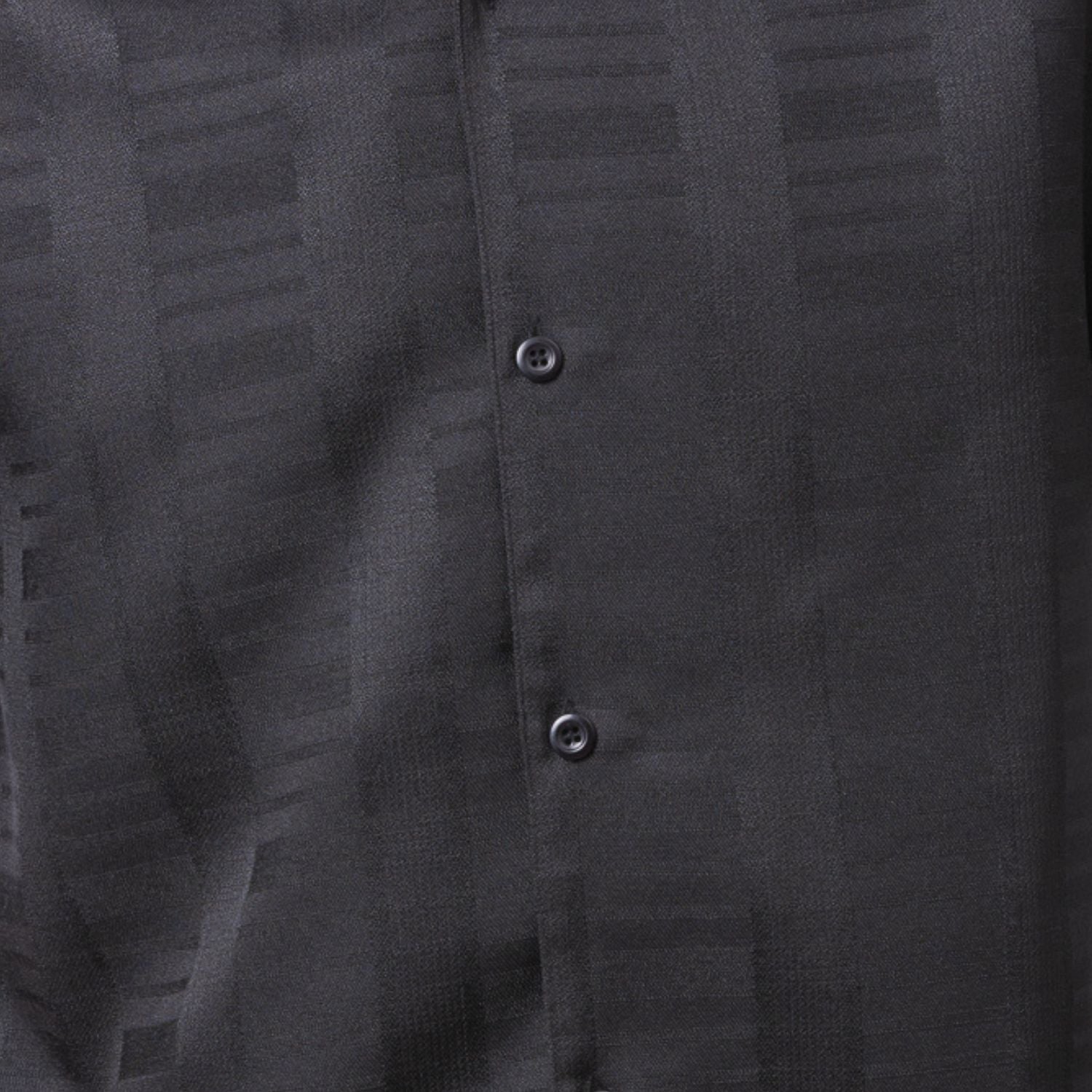 Close-up of black men's walking suit shirt showing the subtle tone-on-tone textured weave pattern.