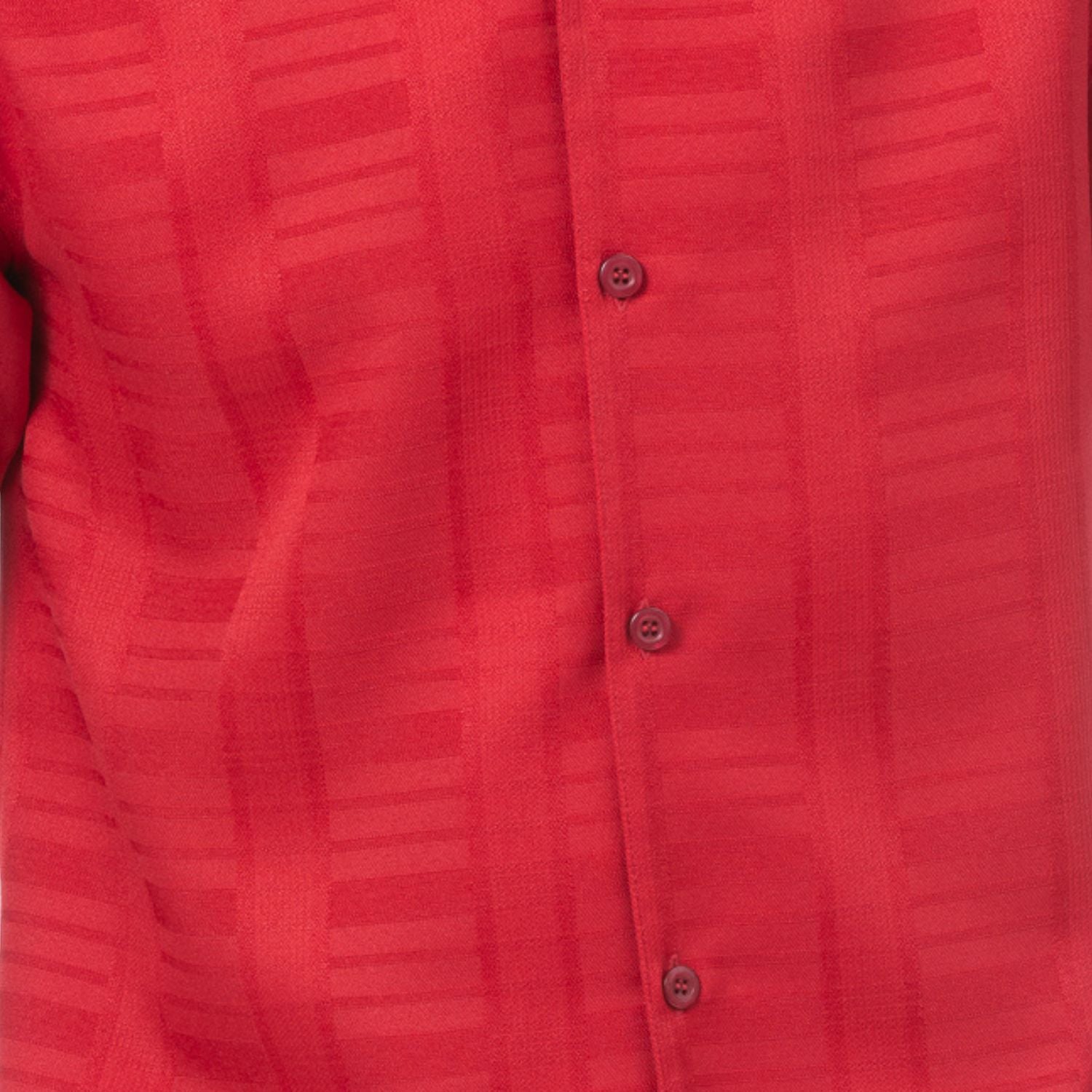 Close-up of red men's walking suit shirt showing the subtle tone-on-tone textured weave pattern.