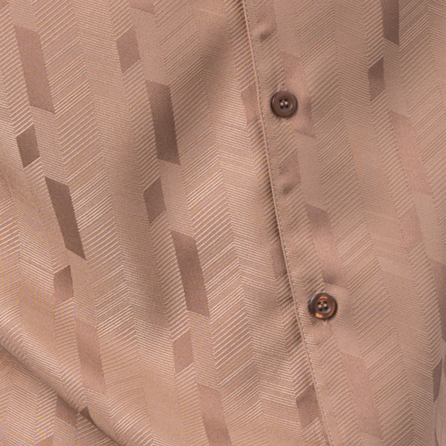 Close-up of mocha walking suit shirt showing the detailed tone-on-tone jacquard weave pattern.