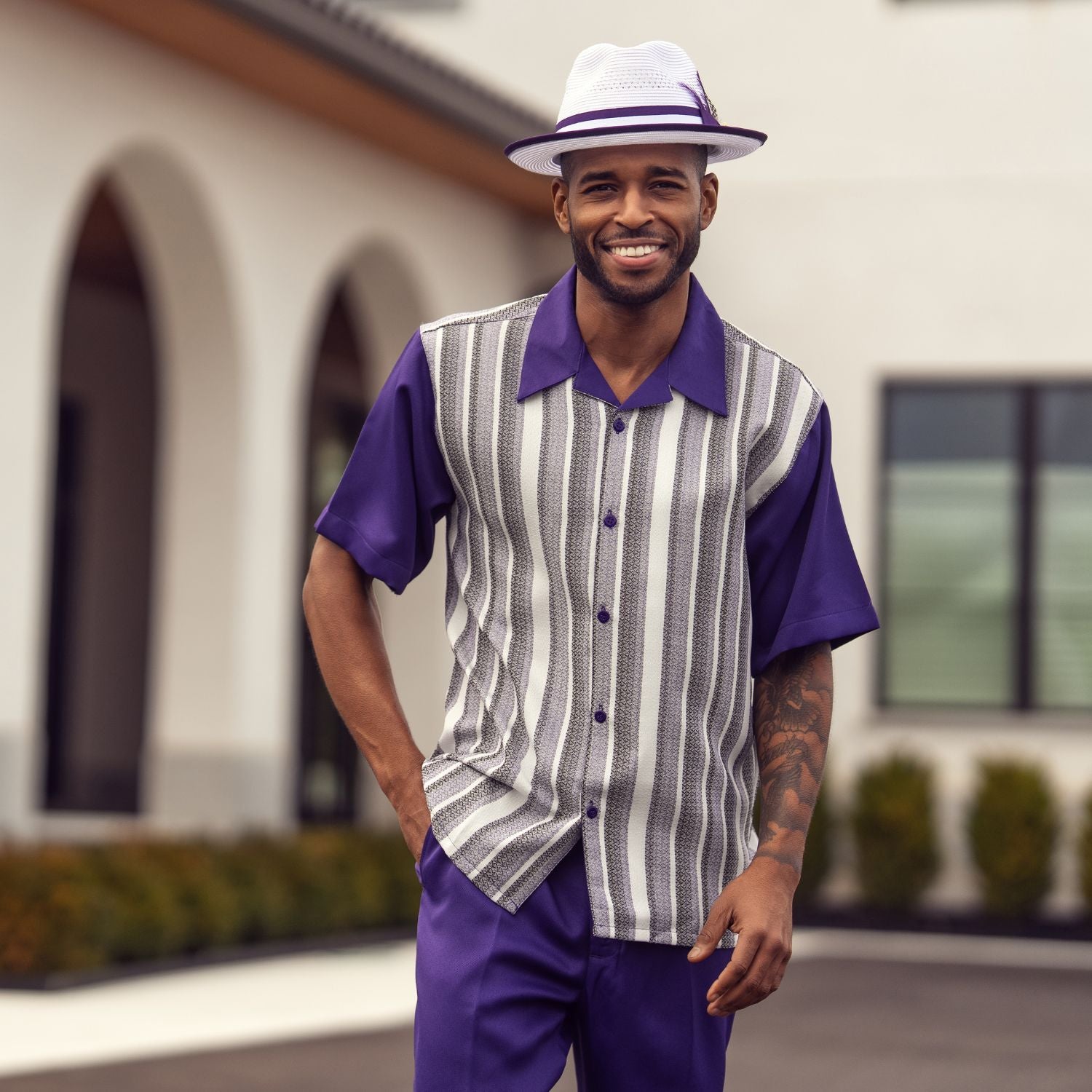 Purple polyester men's walking suit short sleeve 2-piece set with vertical stripes and matching hat.