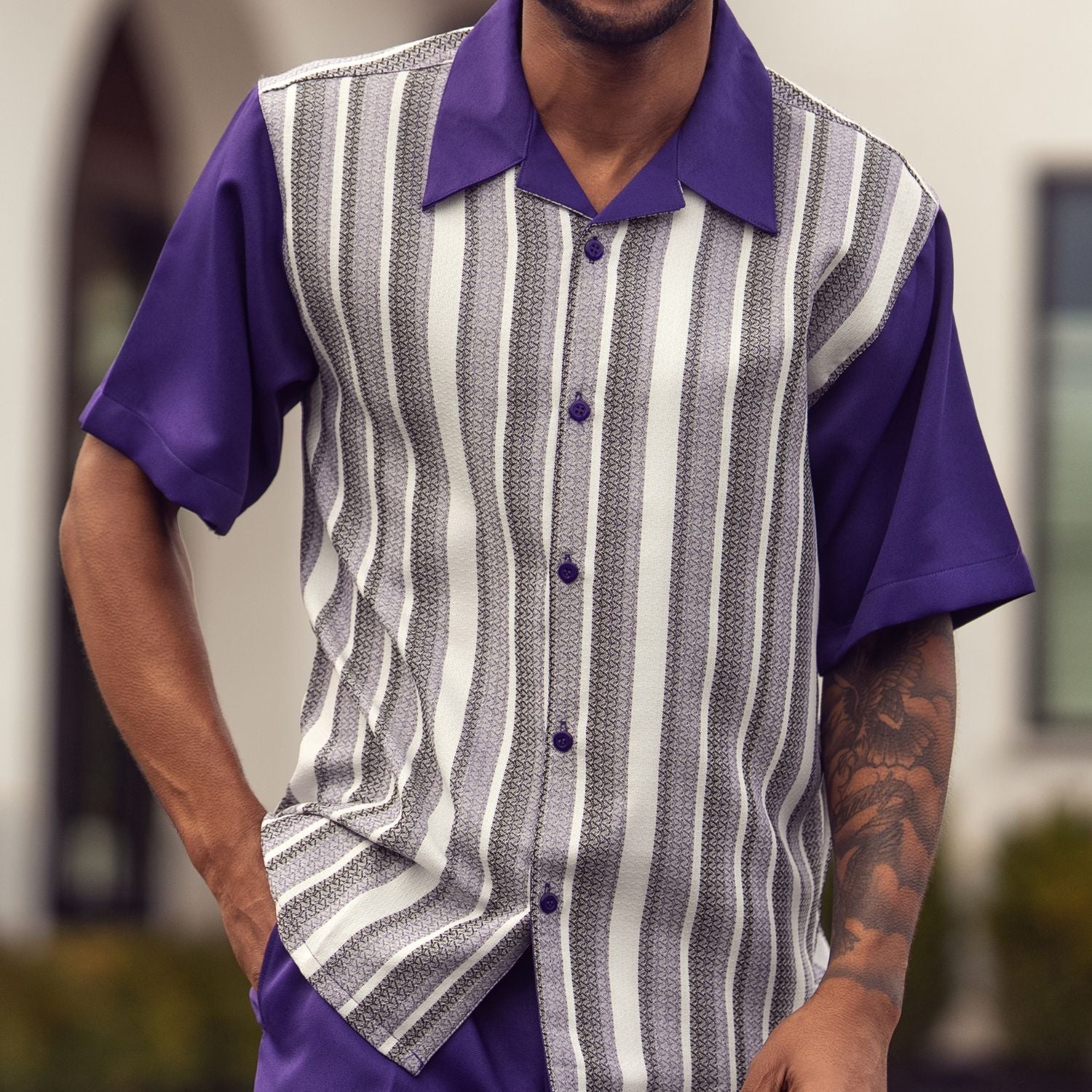 Front profile of the purple striped 2-piece walking suit showing the shirt fit and matching pants.