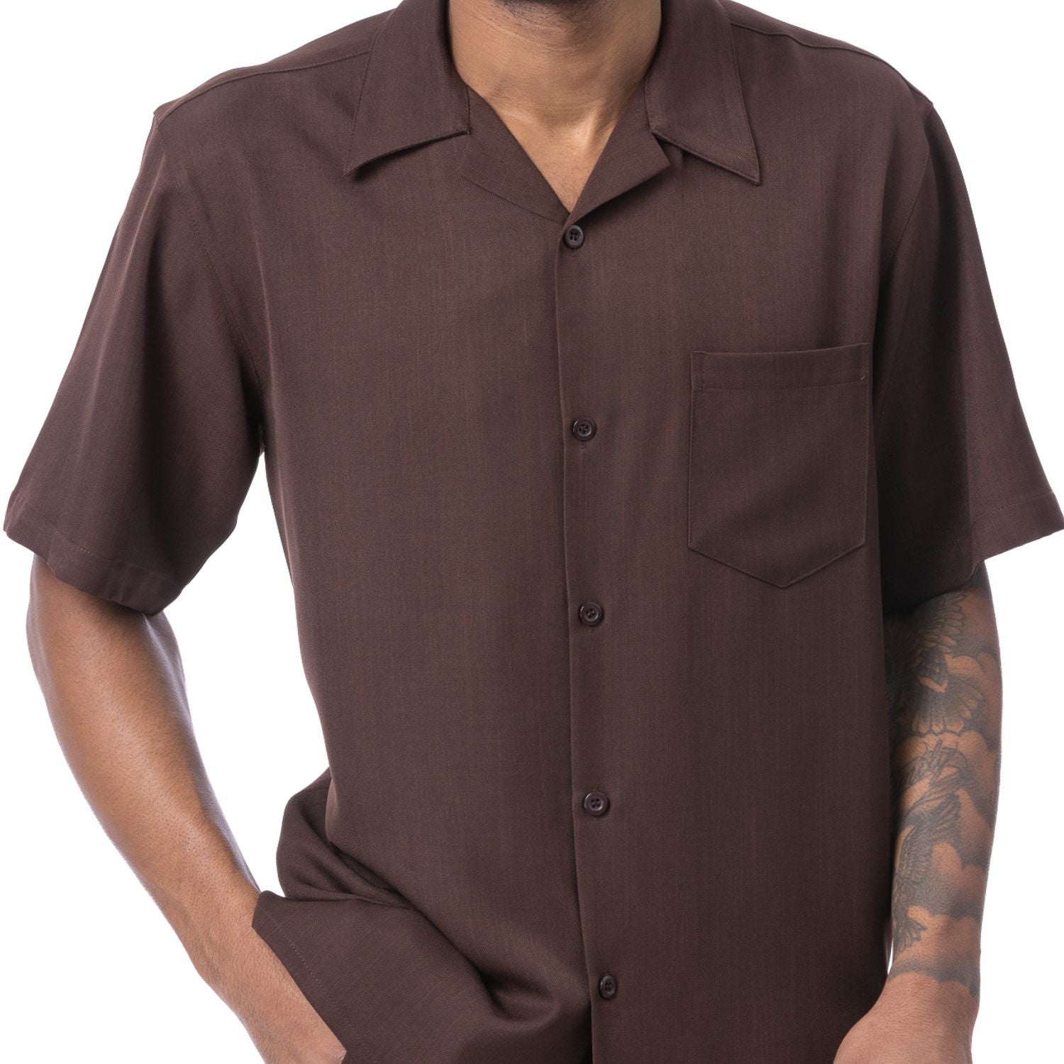 Front view of the brown solid short sleeve men's walking suit shirt.
