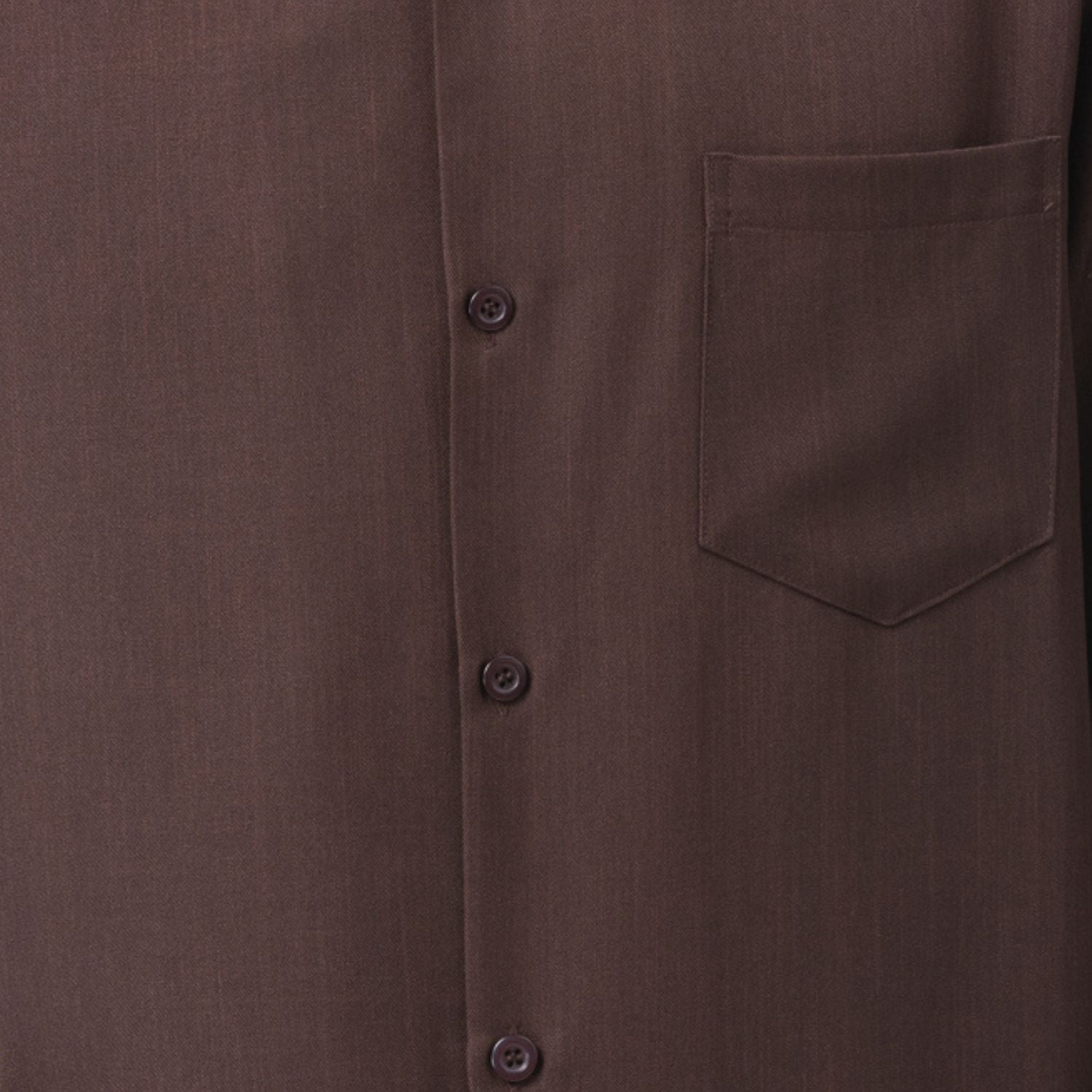 Close-up of brown solid walking suit shirt showing the open collar and clean button-front design.