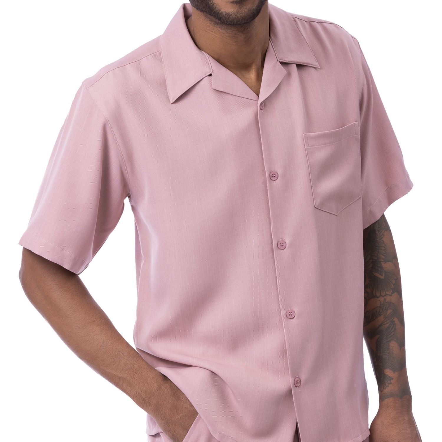Front view of the blush solid short sleeve men's walking suit shirt.