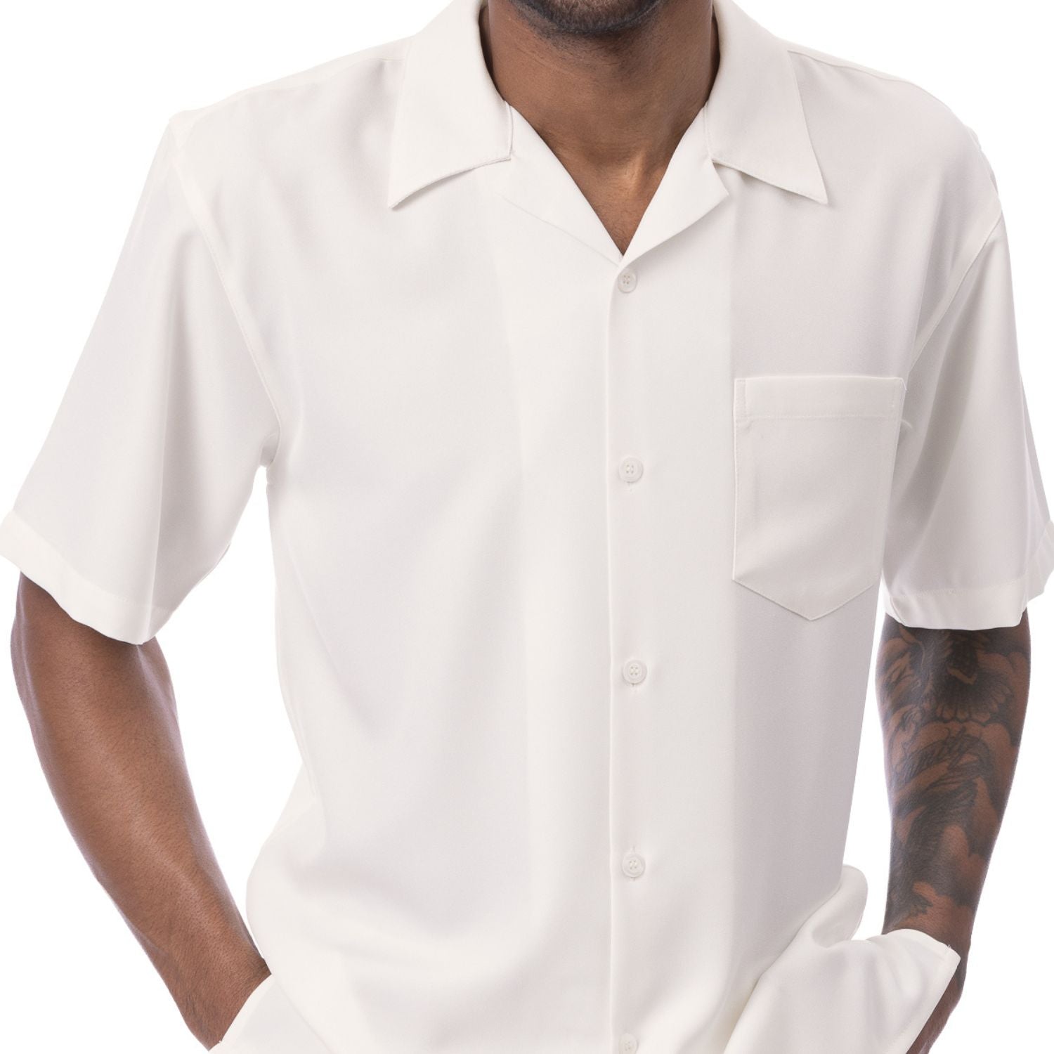 Front view of the cream solid short sleeve men's walking suit shirt.