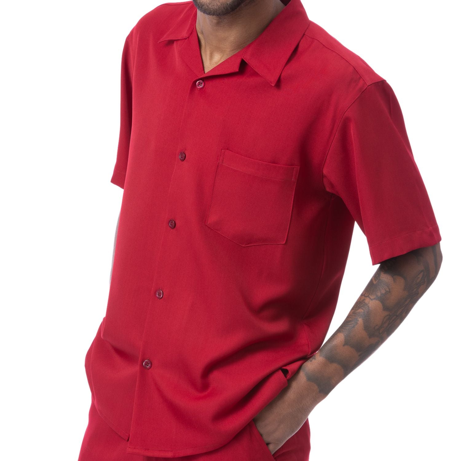 Front view of the red solid short sleeve men's walking suit shirt.