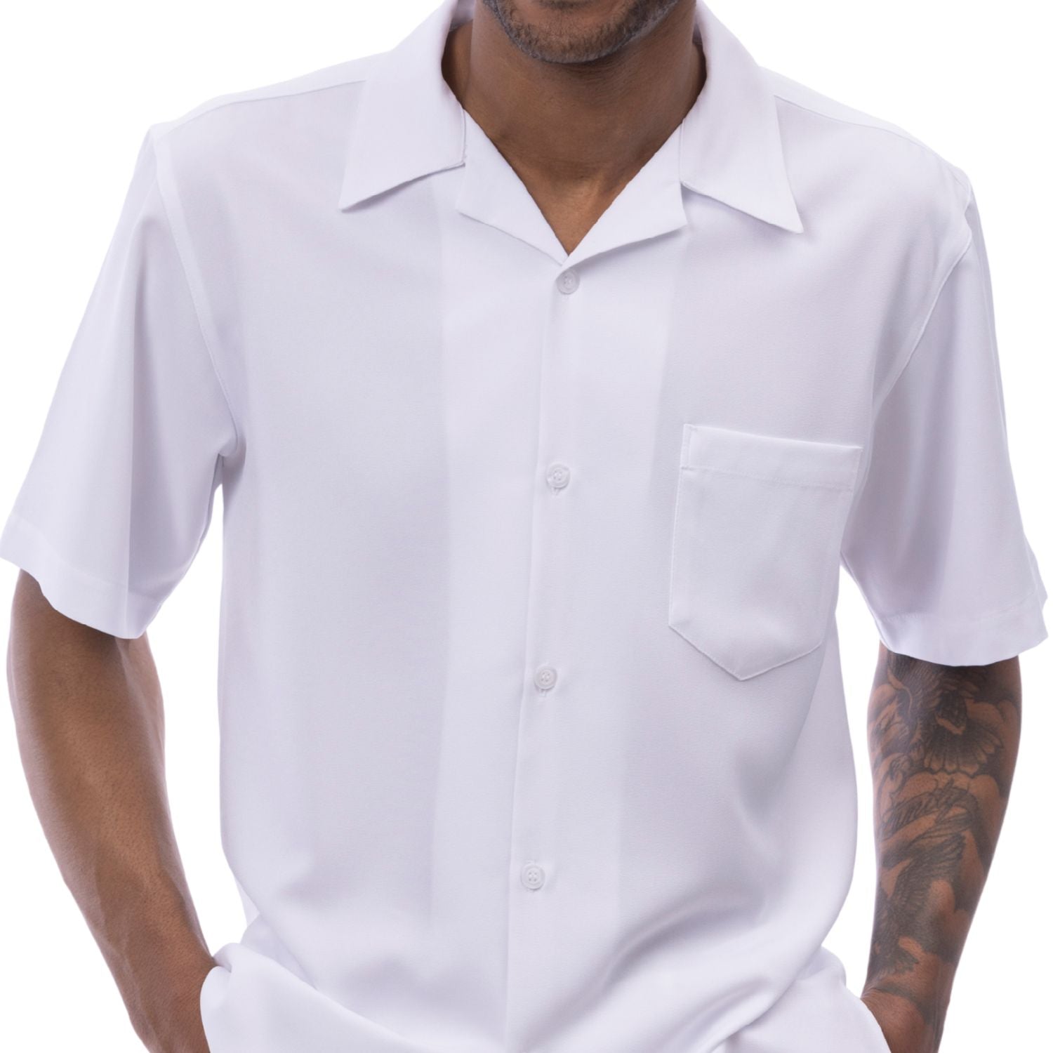 Front view of the white solid short sleeve men's walking suit shirt.