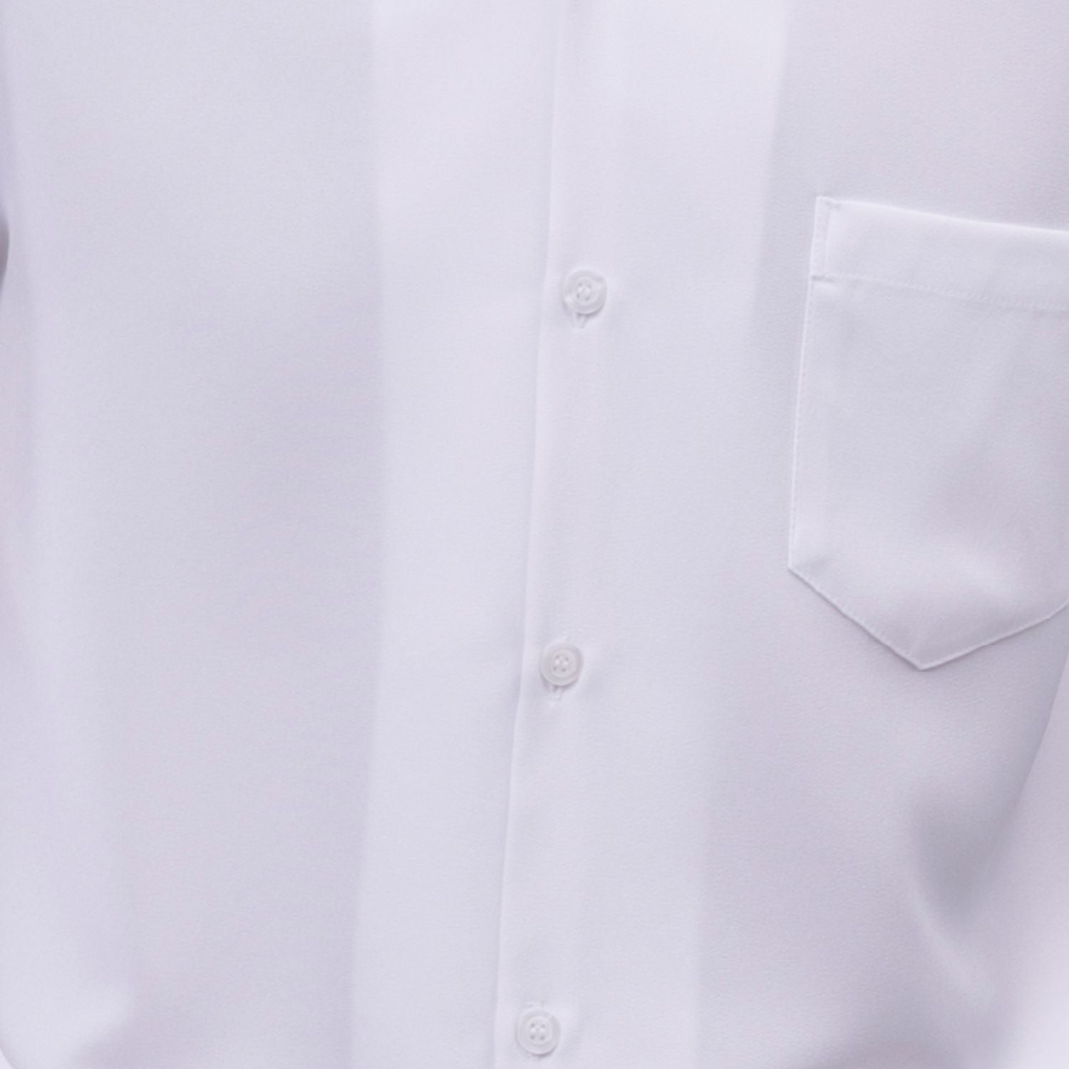 Close-up of white 100% polyester fabric showing the solid texture and button detail