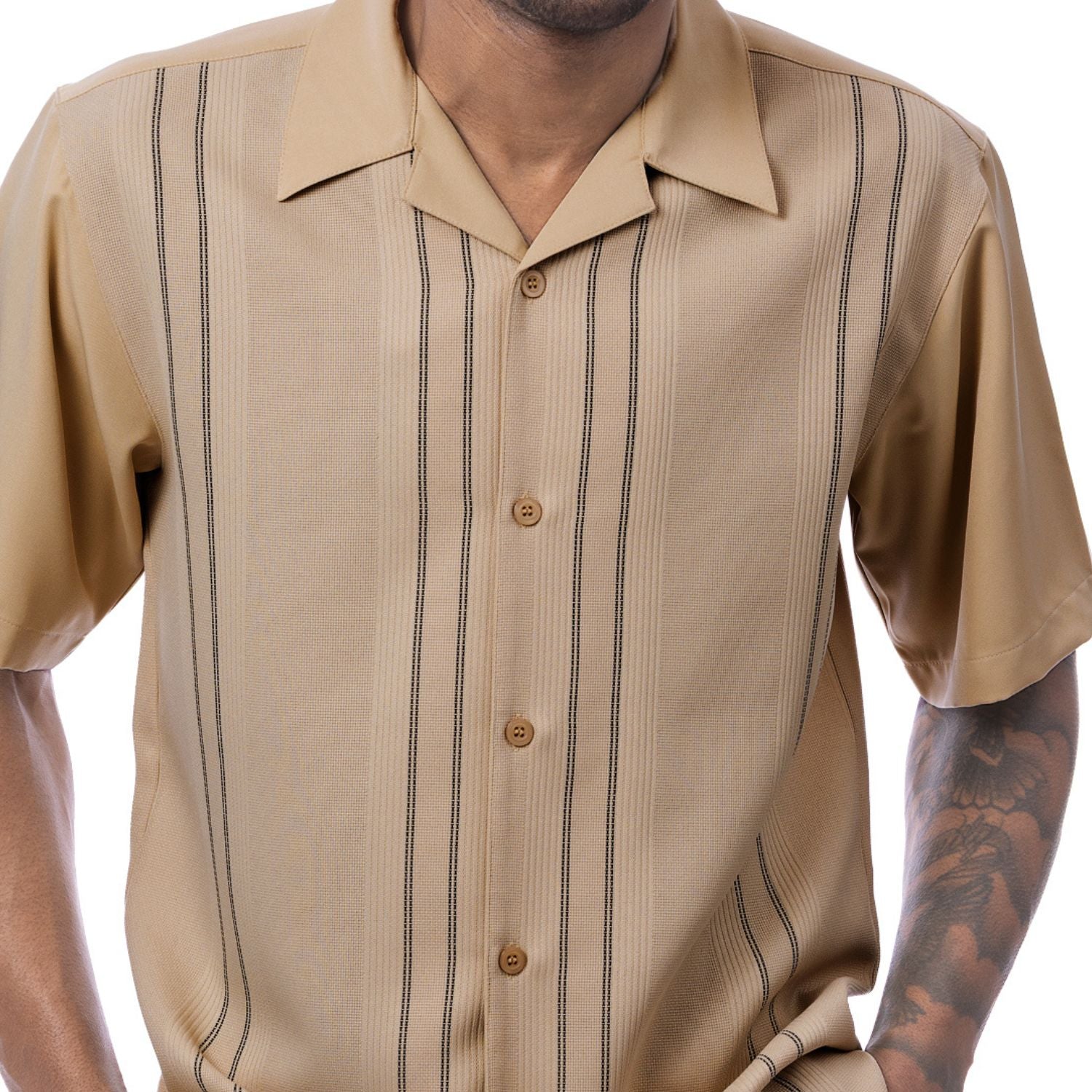 Front profile of the beige textured short sleeve shirt showing the regular fit and straight hem.