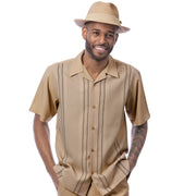 Montique Beige Textured Vertical Line Short Sleeve Shirt