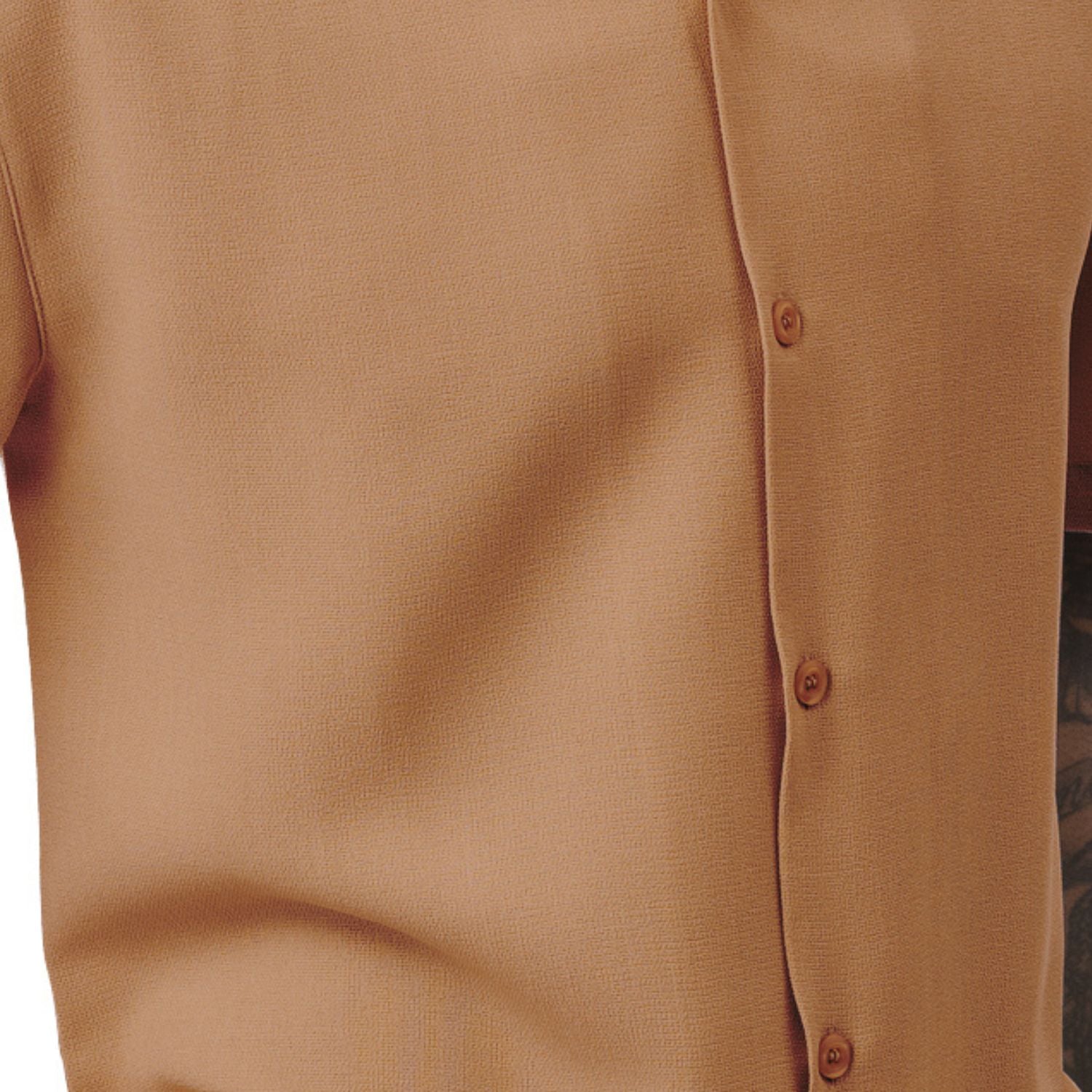 Close-up of cappuccino men's walking suit shirt showing the detailed linen-look texture and open collar.