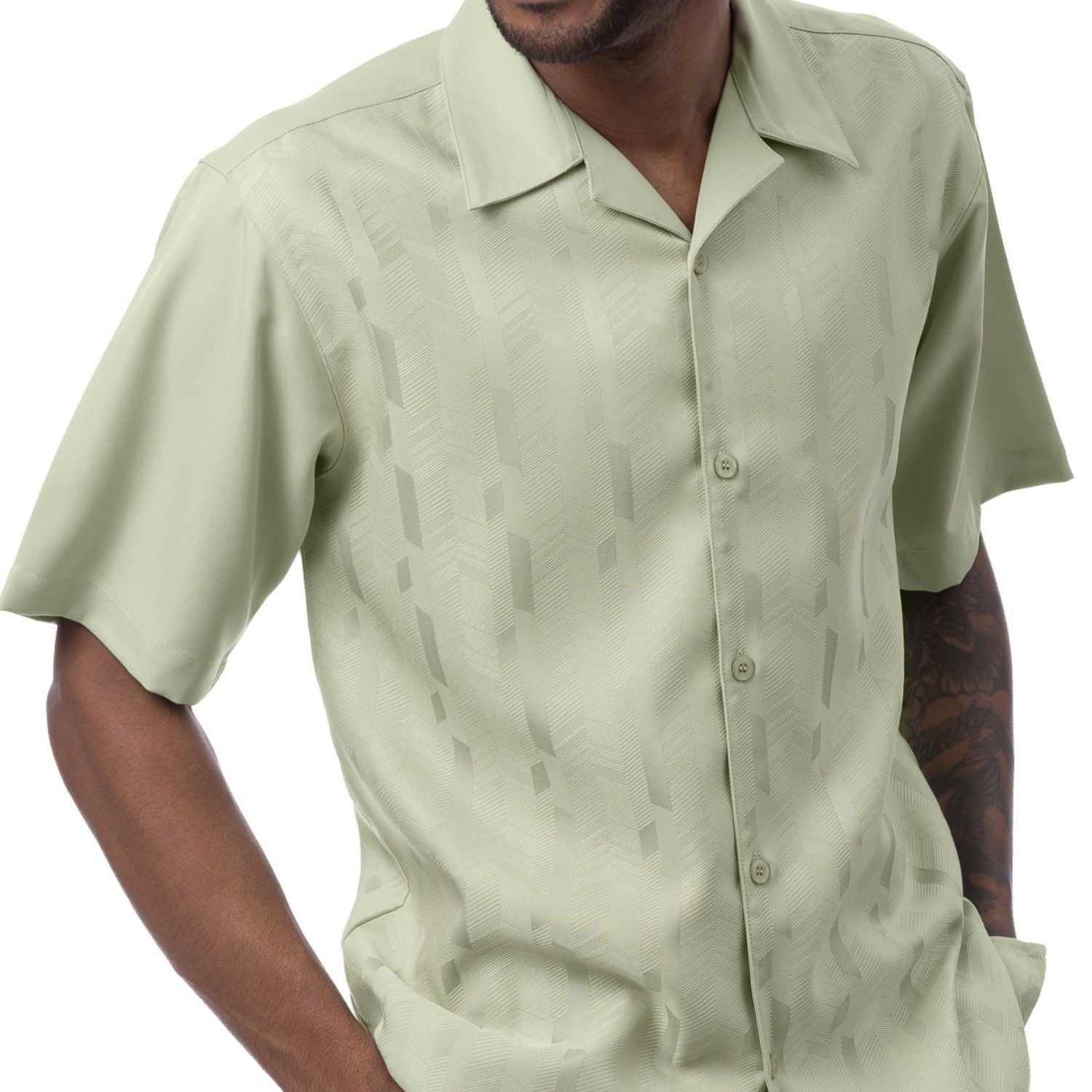 Front profile of the mint Azure Sands Collection shirt showing the relaxed fit and short sleeve construction.