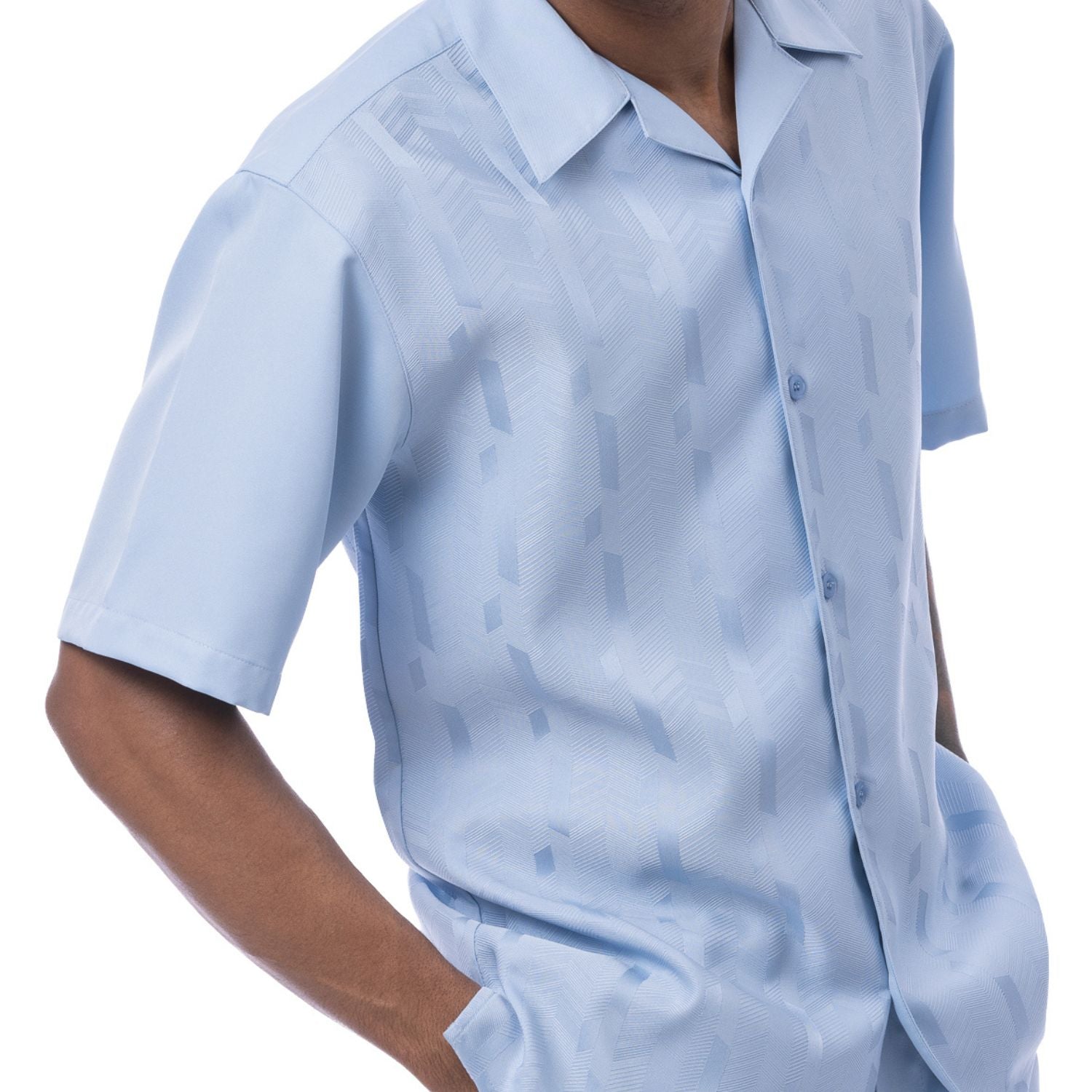 Front profile of the Light blue Azure Sands Collection shirt showing the relaxed fit and short sleeve construction.