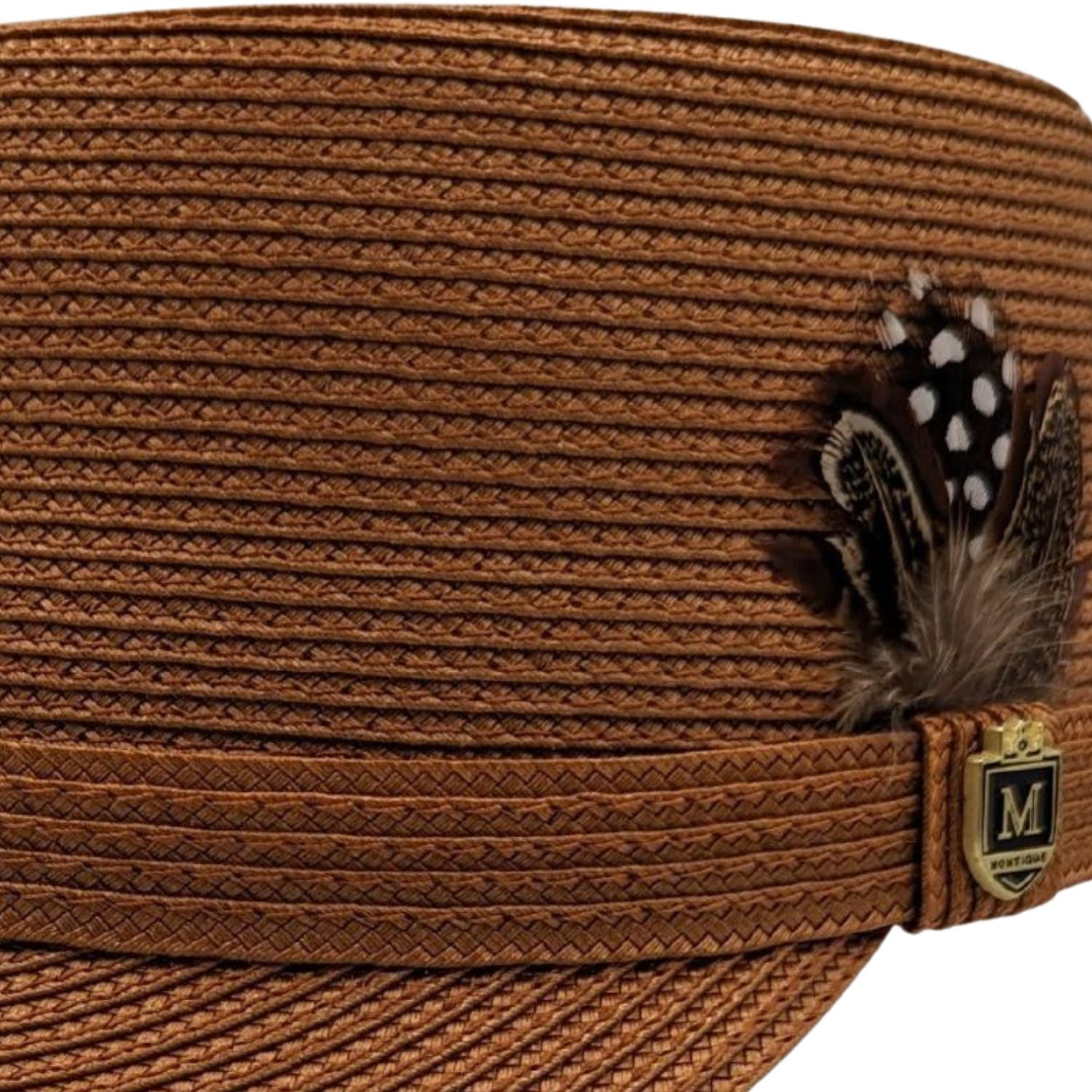 Side profile of the caramel Eleganza Collection legionnaire hat showing the structured crown and braided texture.