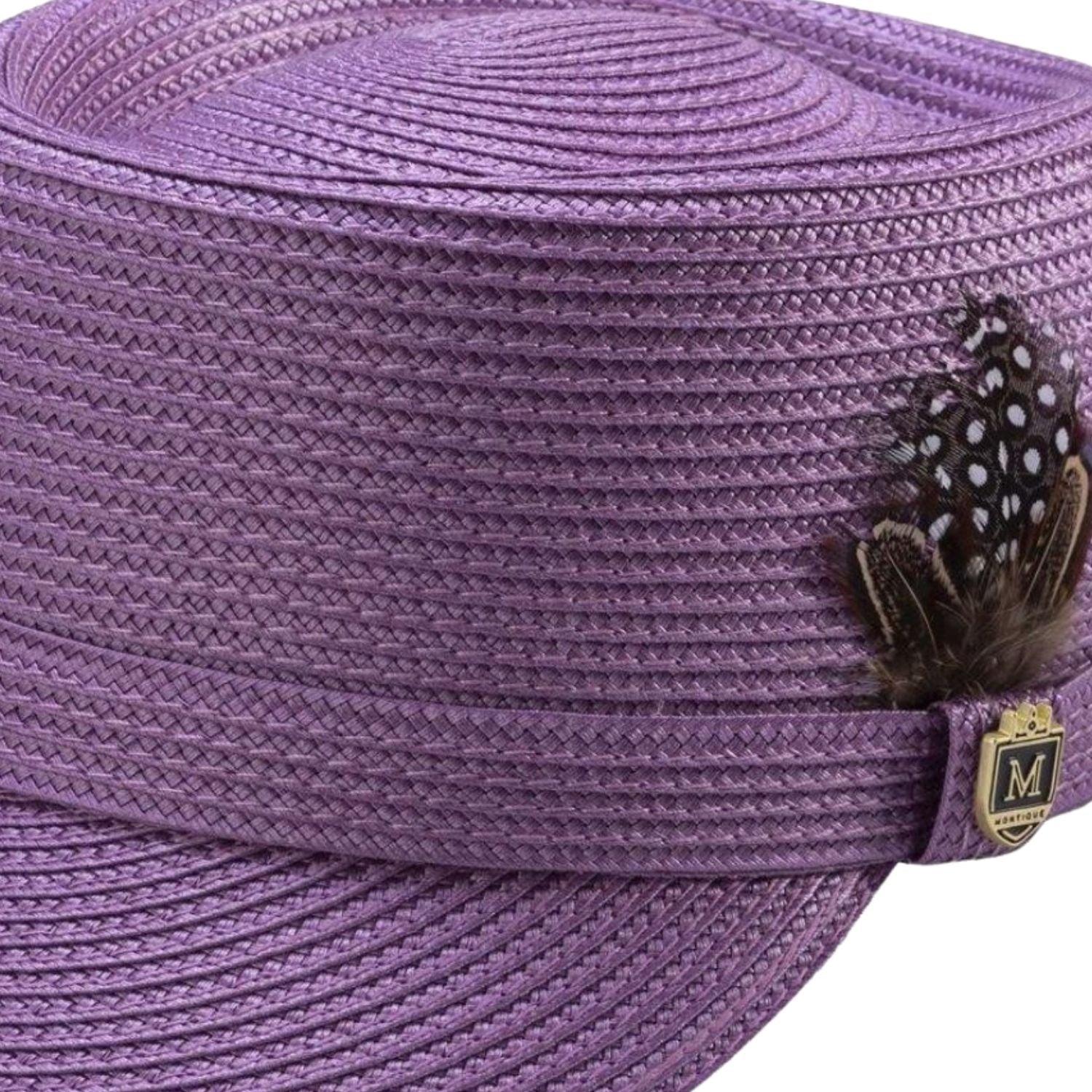 Side view lavender legionnaire hat with Montique pin and feather