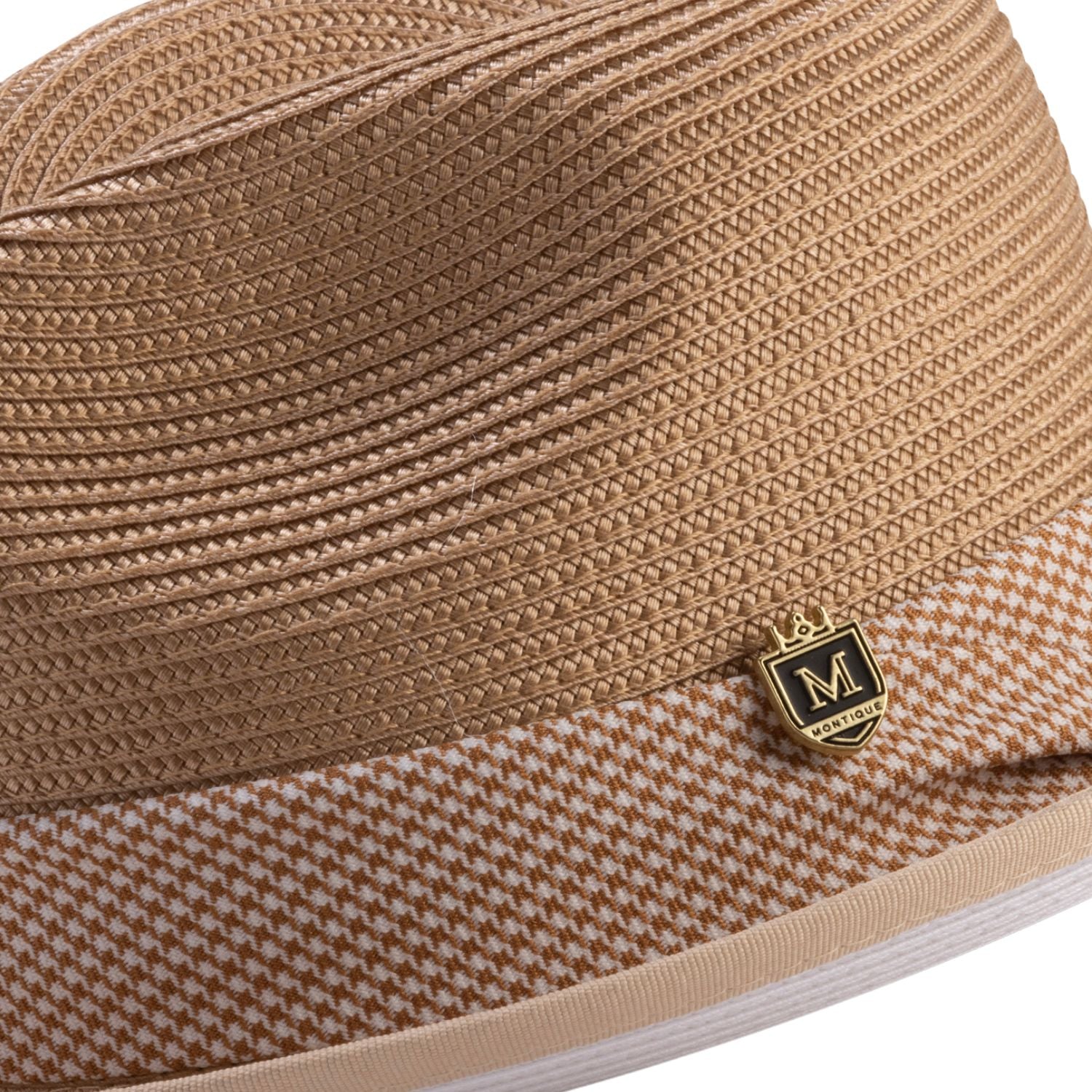 Close-up braided texture on tan crown with contrast white brim