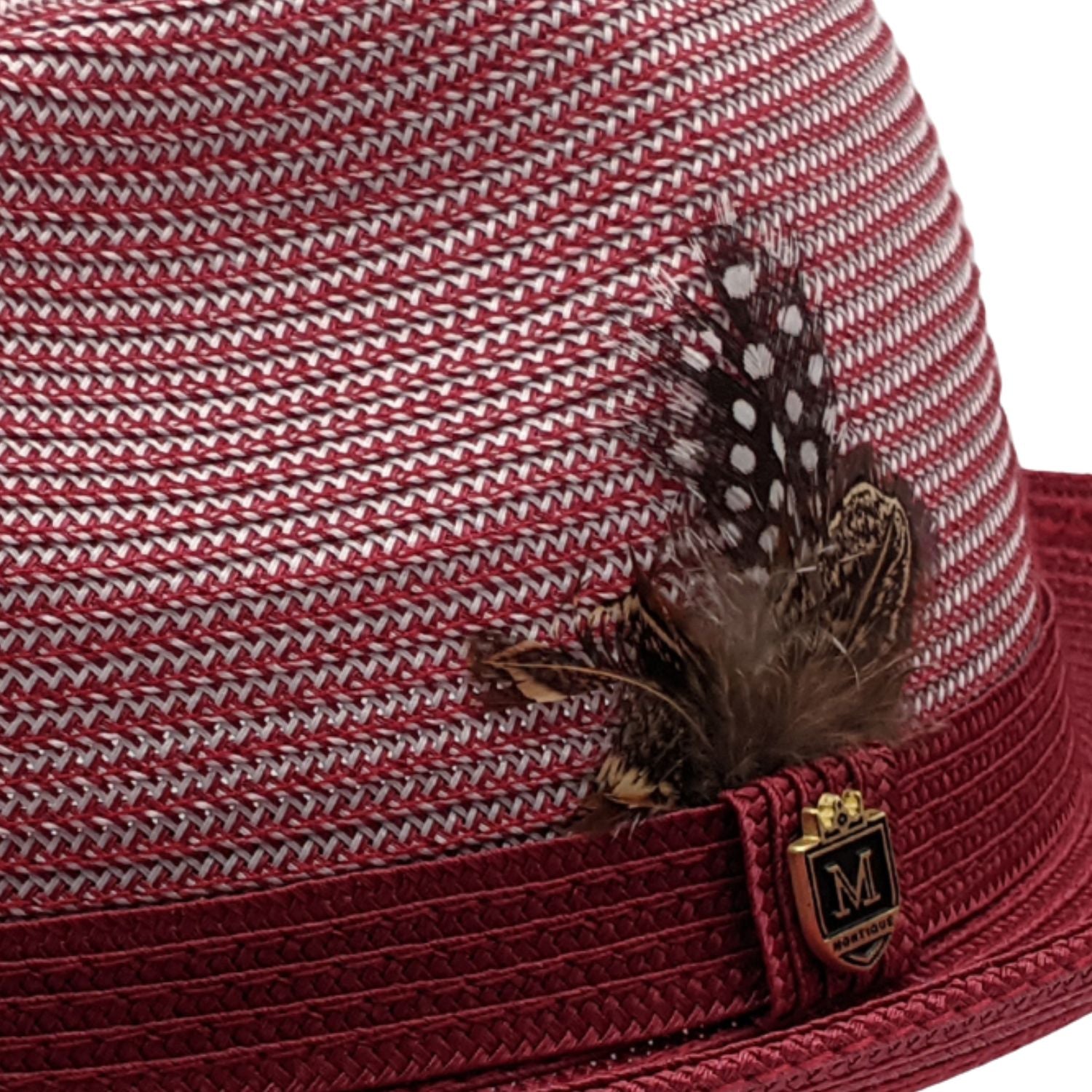 Close-up profile of the Jazzique Collection cranberry fedora showing the 2-inch stingy brim and braided texture.