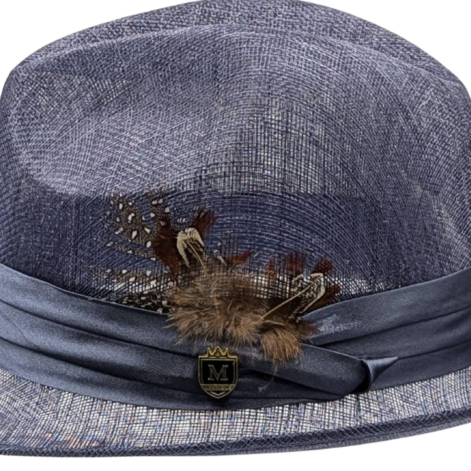 Close-up sinamay weave texture on steel fedora