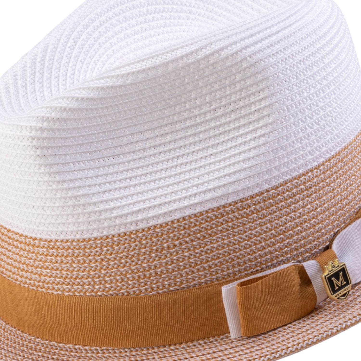Close-up profile of the Urbaneer Collection Gold fedora showing the 2-inch stingy brim and braided texture.