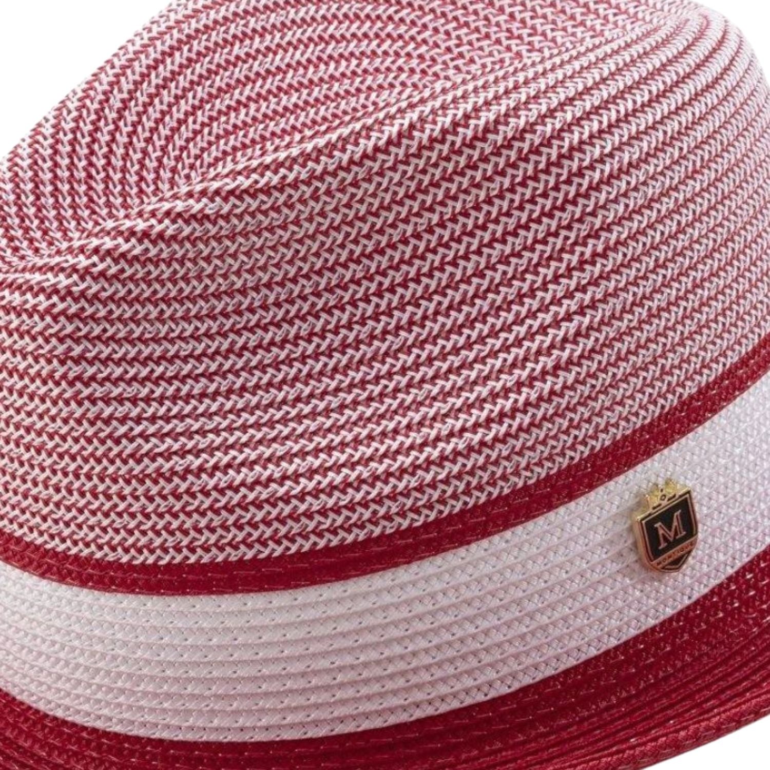 Side view red fedora hat with braided crown and ribbon band