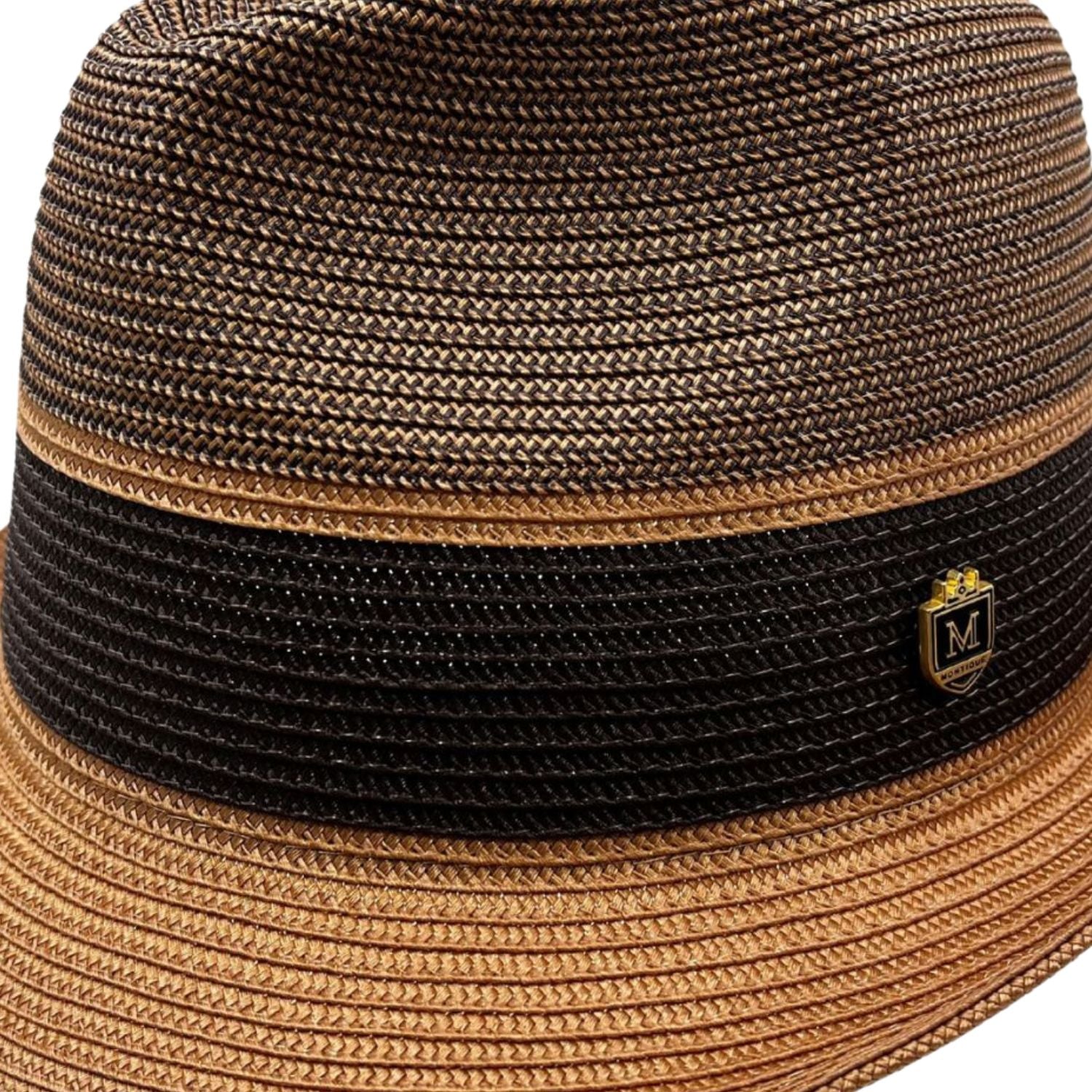 Side view mocha brown fedora hat with braided crown and ribbon band