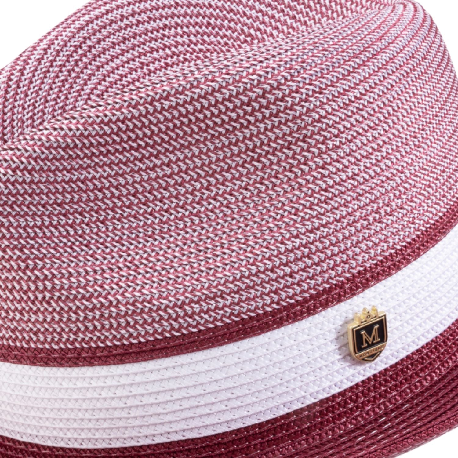 Side view burgundy fedora hat with braided crown and ribbon band