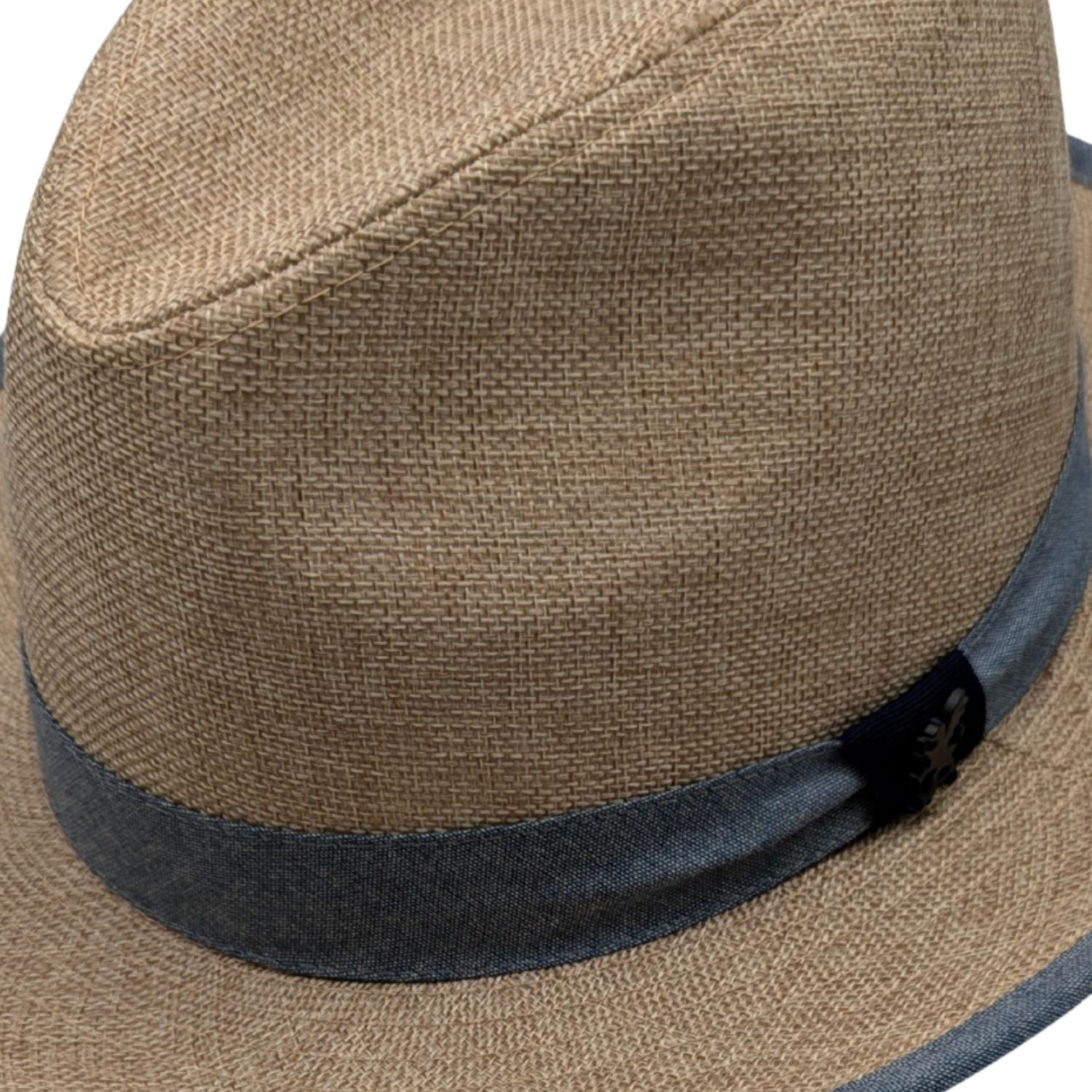 Side view khaki fedora showing chambray band detail