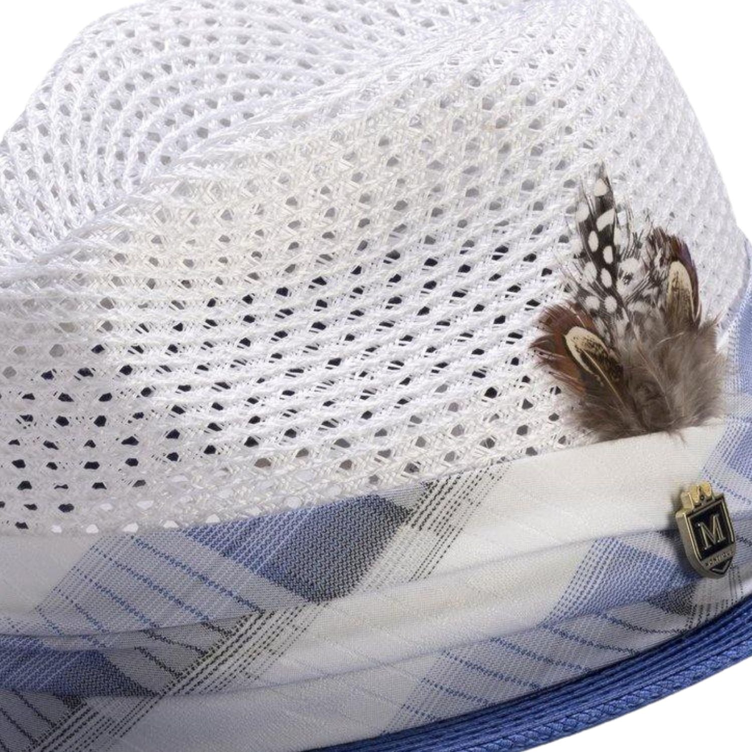 Side view royal blue fedora showing structured brim and braid texture