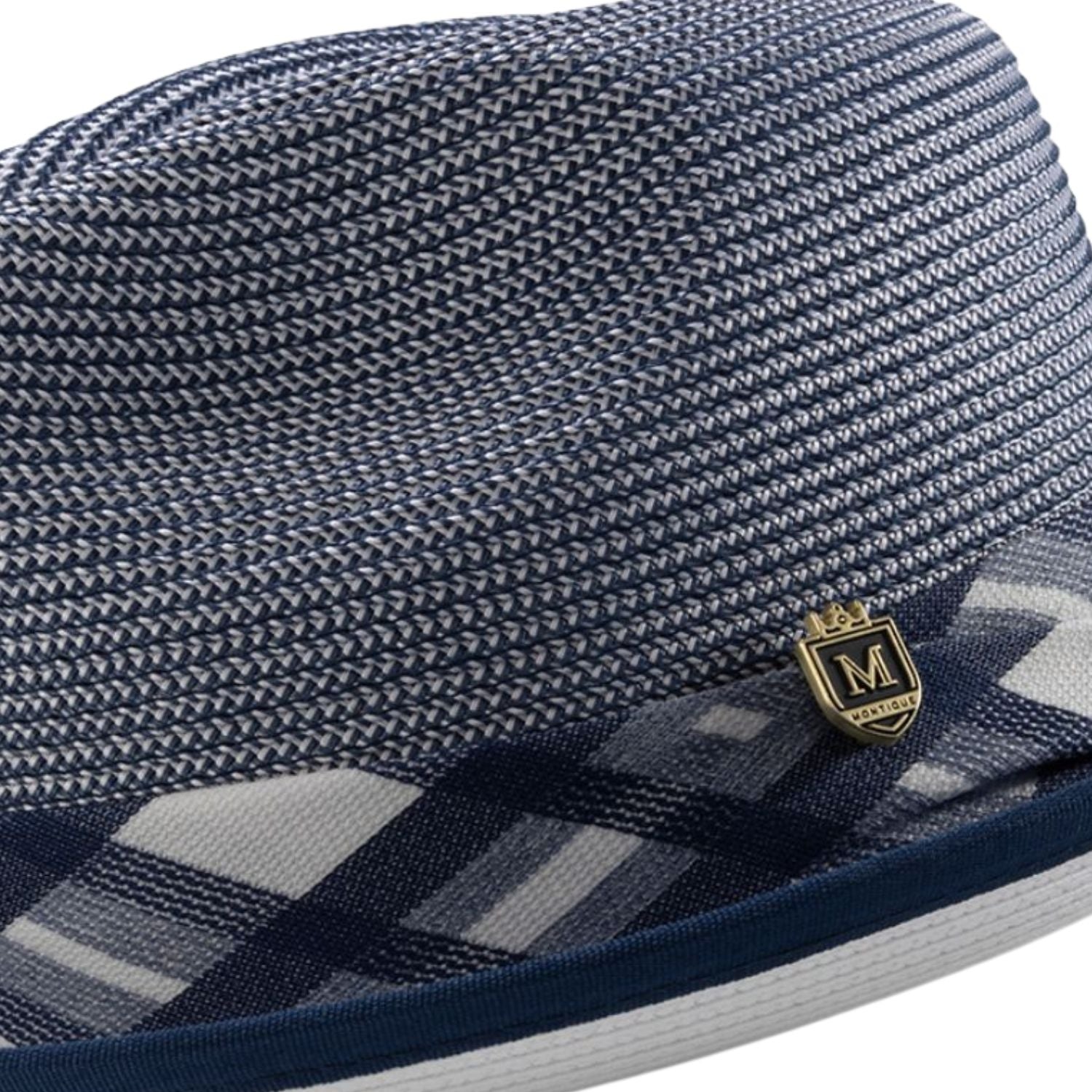 Side view navy plaid fedora showing structured brim