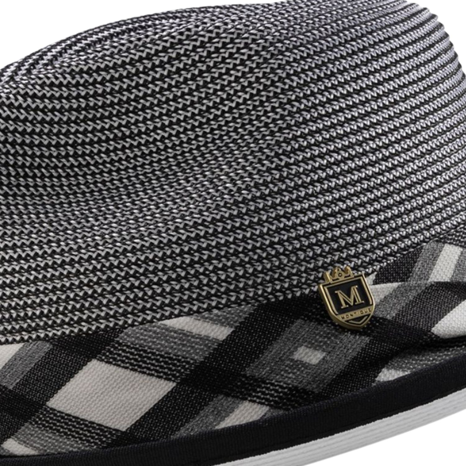 Side view black plaid fedora showing structured brim