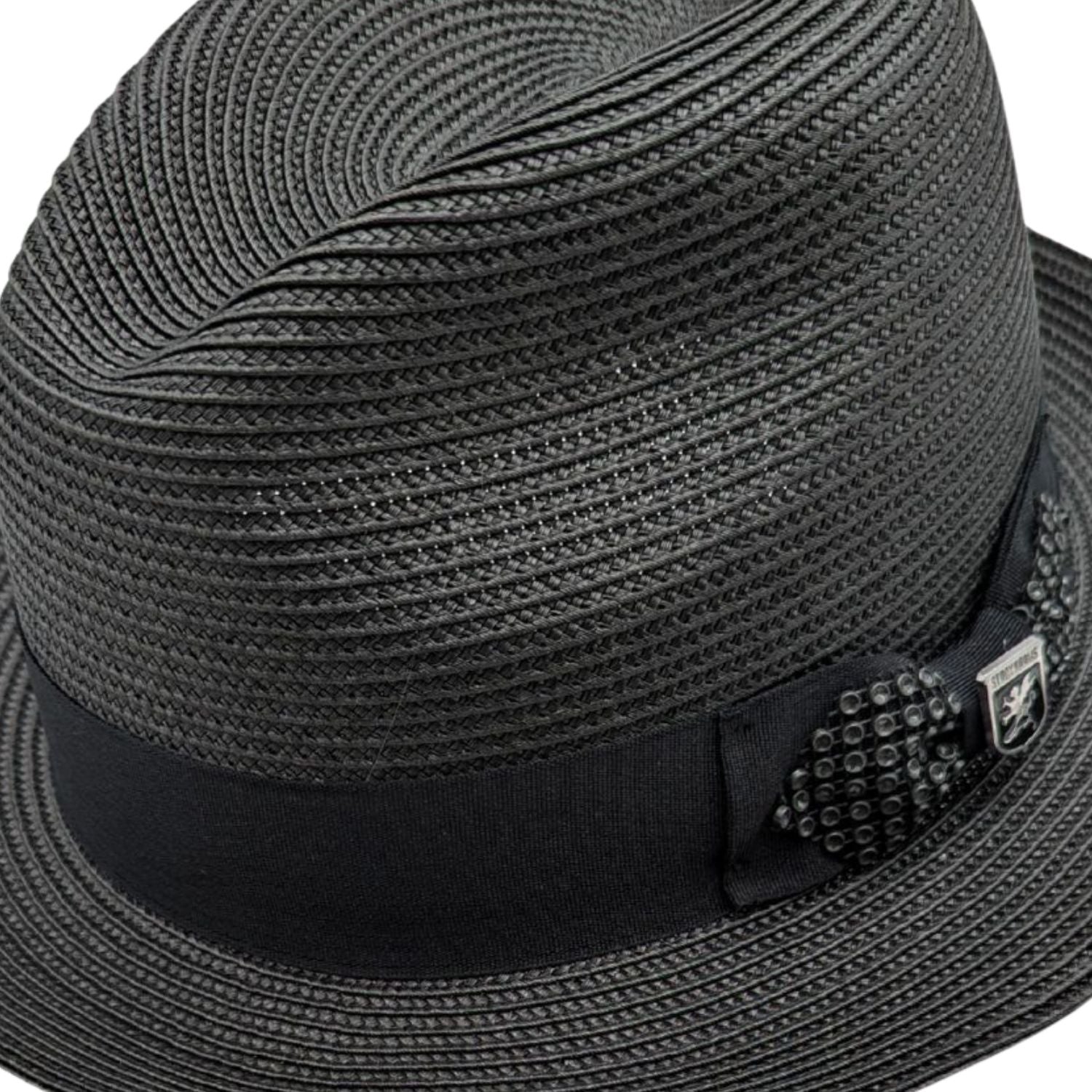 Close up profile of the Scala Spire Collection black fedora showing the 2 1/4" snap brim and rhinestone buckle detail.