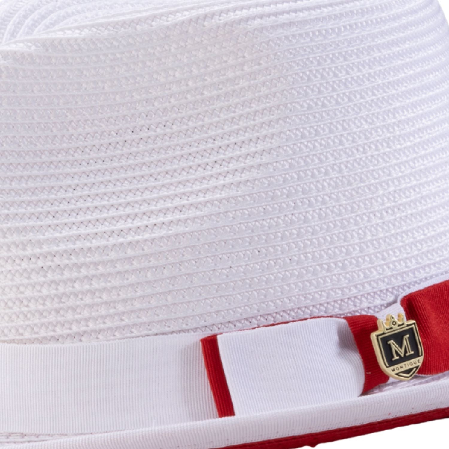 Close-up side profile of the Dazzluxe Collection white and red fedora showing the wide brim and pinch crown.