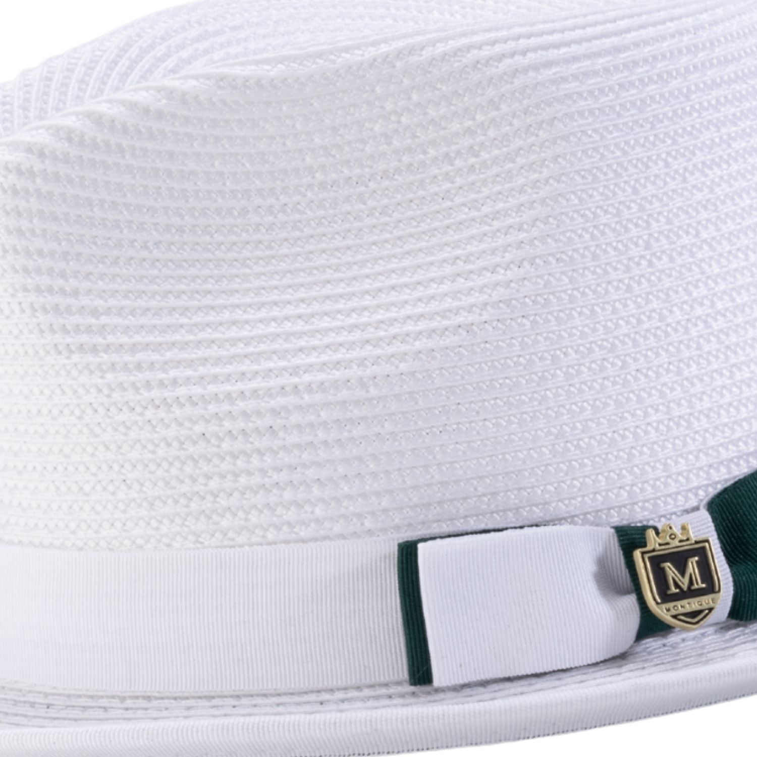 Close-up side profile of the Dazzluxe Collection white and emerald fedora showing the wide brim and pinch crown.