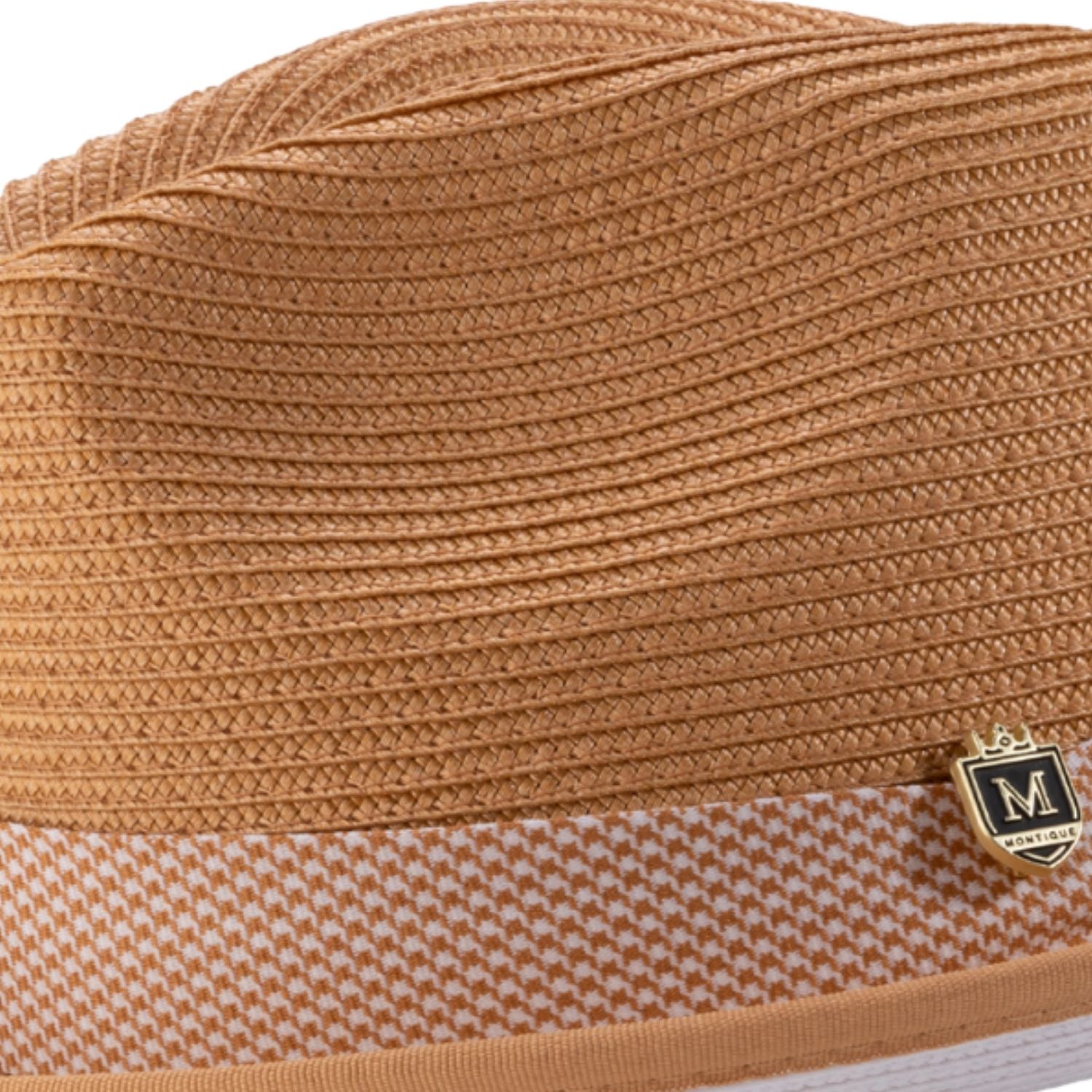 braided cognac fedora hat pinch crown close up