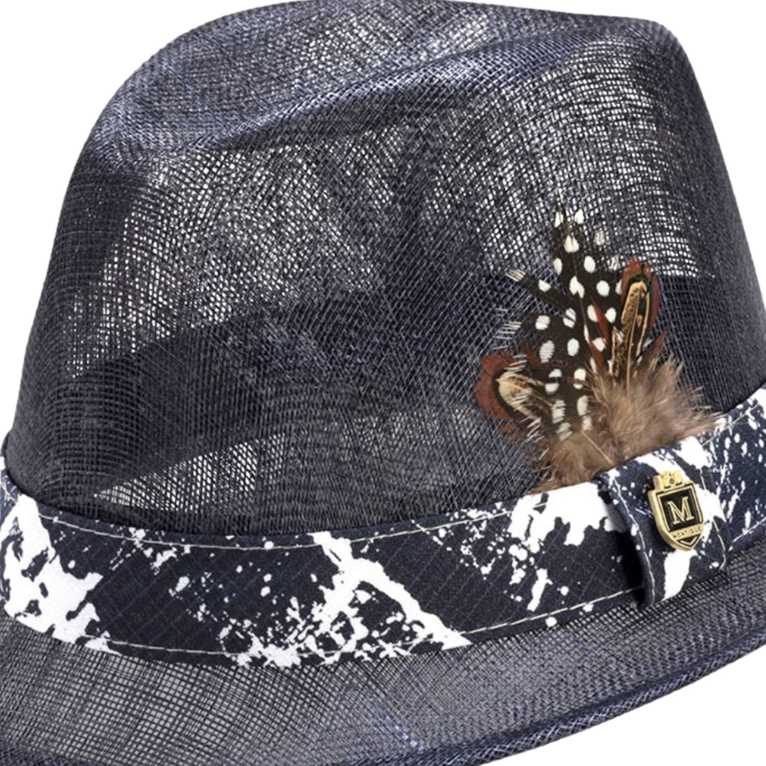 close up navy sinamay fedora texture detail