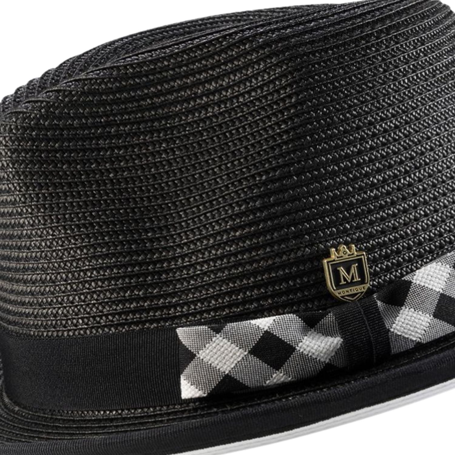 close up plaid grosgrain ribbon detail fedora