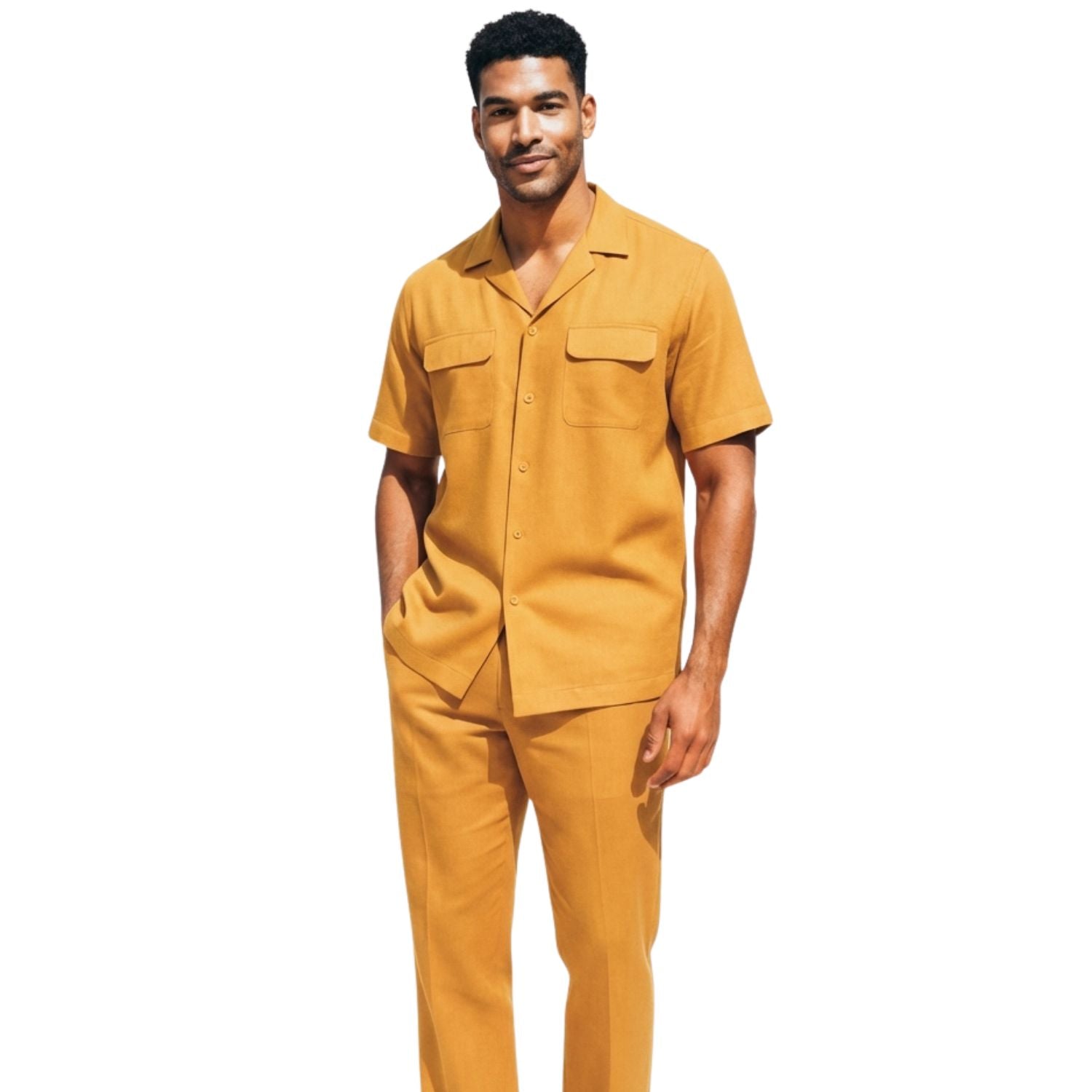 Ray yellow solid linen men's walking suit short sleeve 2-piece set by Stacy Adams on a male model.