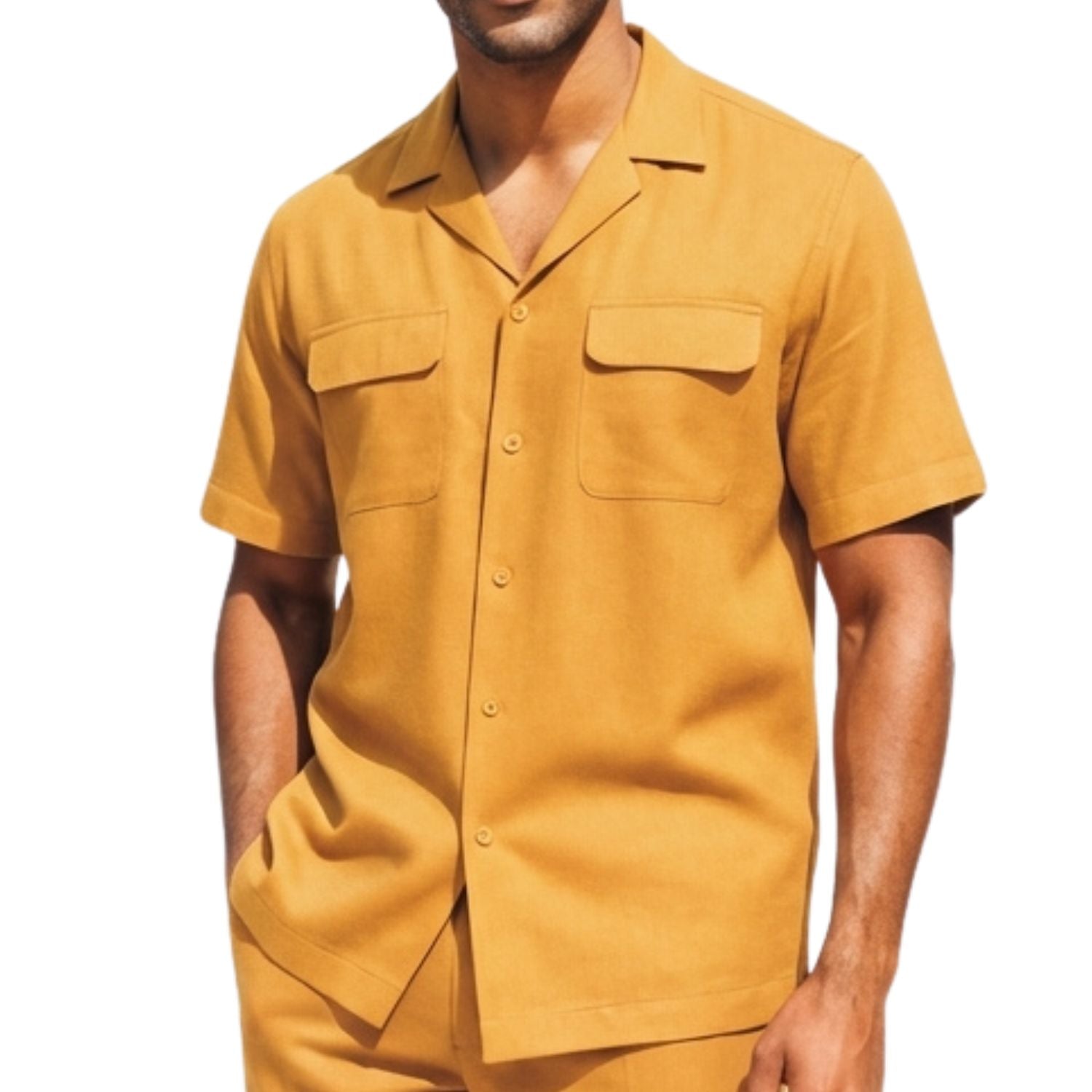 Front view of a male model wearing the Ray yellow short sleeve linen walking suit and matching trousers.