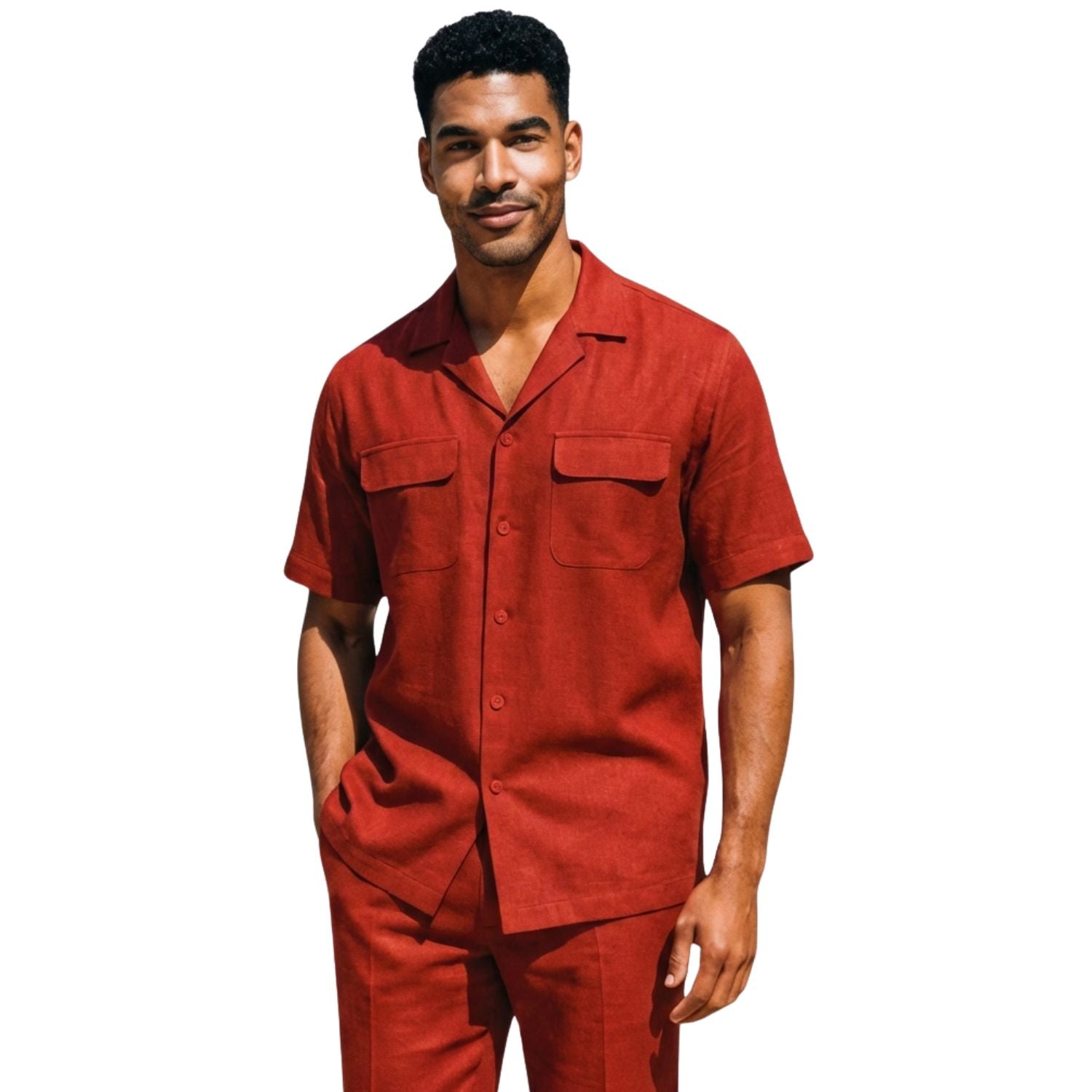 Salsa solid linen men's walking suit short sleeve 2-piece set by Stacy Adams on a male model.